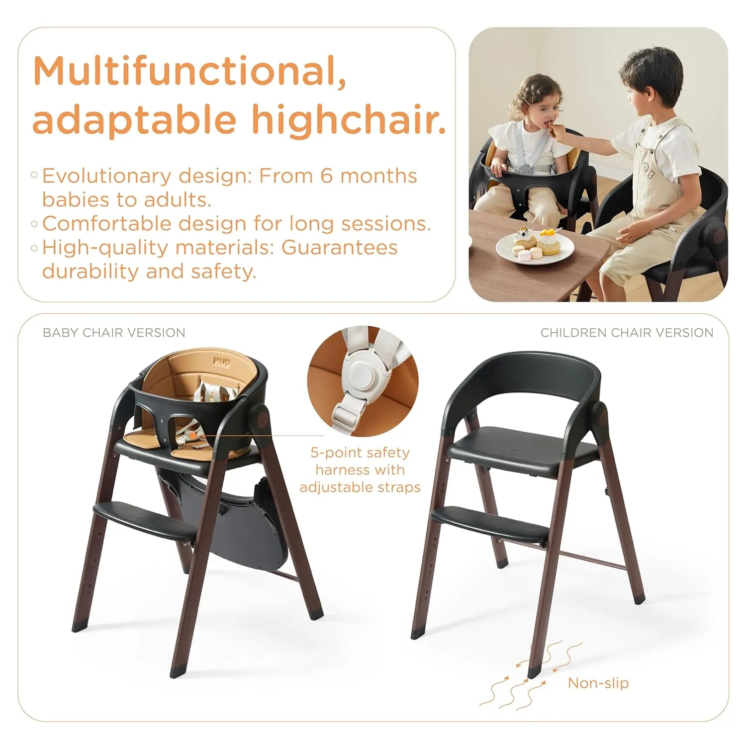 High Chair for Babies and Toddlers Adjustable Foldable Convertible 5 Point Harness Easy Clean Wood-Printed Metal with Removable Tray Baby Highchair for Family (Black&Walnut Wood-Printed Metal)