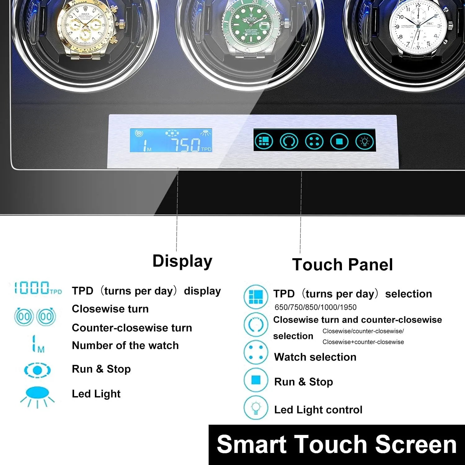 High End Automatic Watch Winder Watches with Touch Screen LED Lighting LCD Digital Display Adjustable Watch Pillows Motor Lady and Man Watch Display Case (3 0)