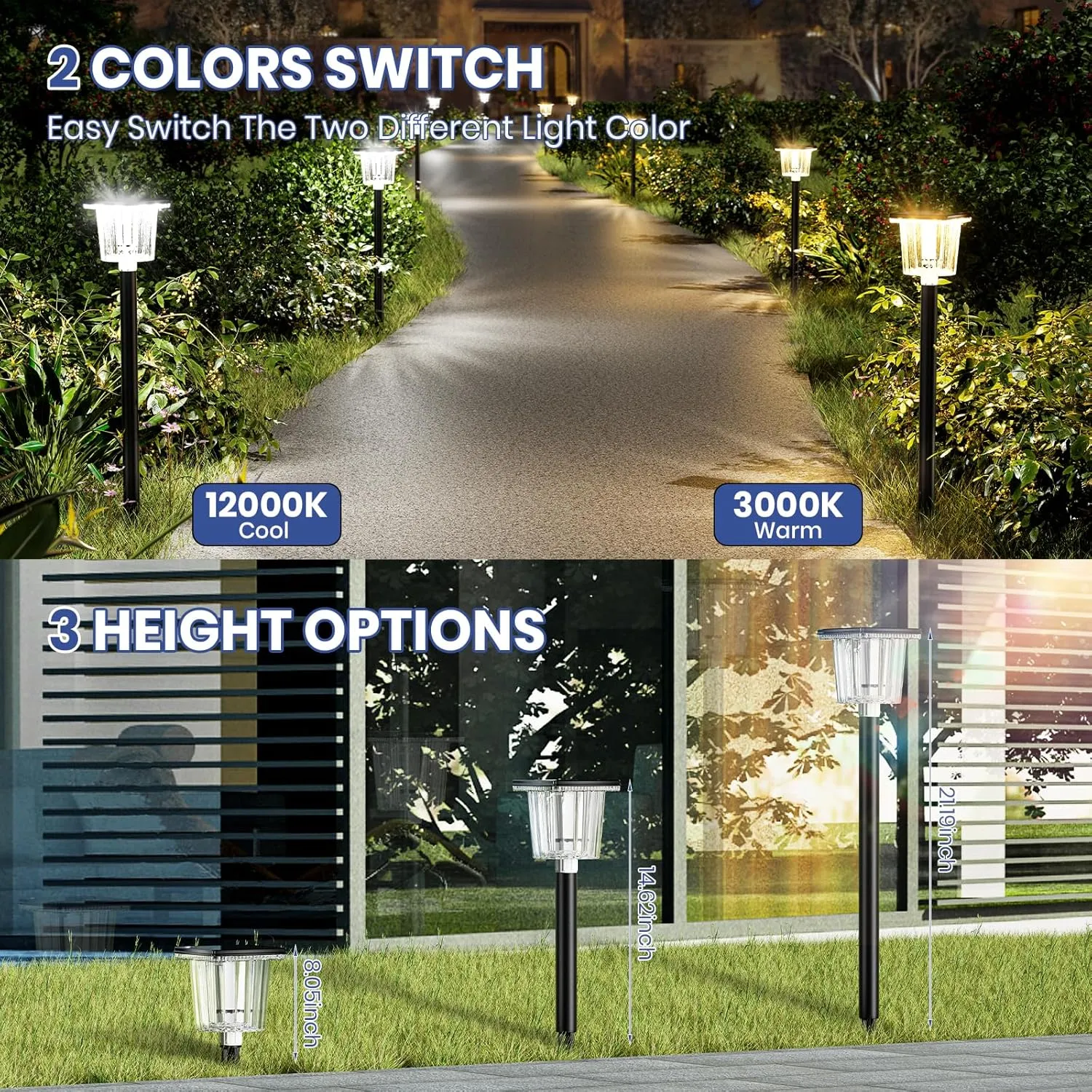 HIGH-POWER 2-in-1 Warm&Cold,8 Pack SUPER BRIGHT Solar Lights Outdoor IP65 Waterproof,3000/12000K Solar Pathway Lights ,Up to 28 Hrs Solar Walkway Lights for Yard,Patio,Landscape,Sidewalk,Driveway,Lawn