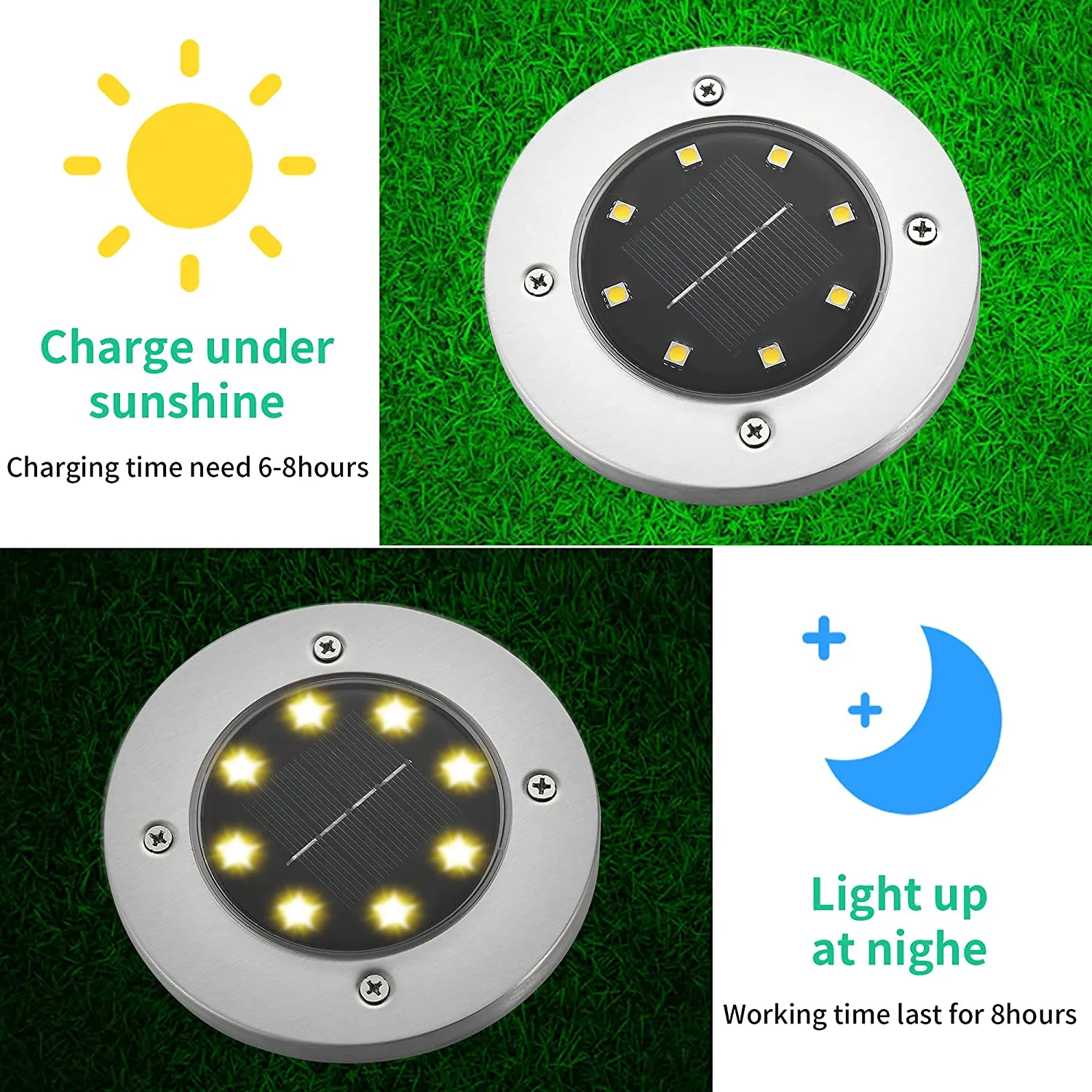 HiSolar 12 Pack Solar Ground Lights 8 LED Solar Lights Outdoor Disk Lights Waterproof In-Ground Landscape Lighting for Lawn Patio Pathway Yard Walkway Flood Light Deck