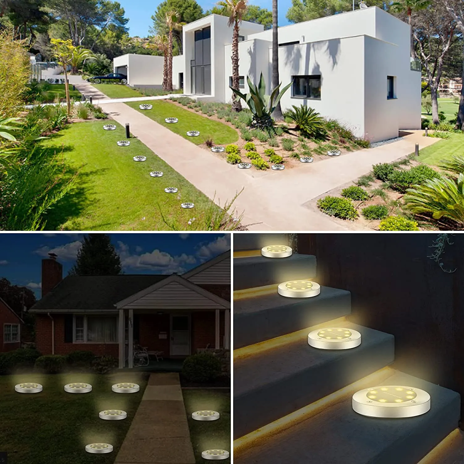 HiSolar 12 Pack Solar Ground Lights 8 LED Solar Lights Outdoor Disk Lights Waterproof In-Ground Landscape Lighting for Lawn Patio Pathway Yard Walkway Flood Light Deck