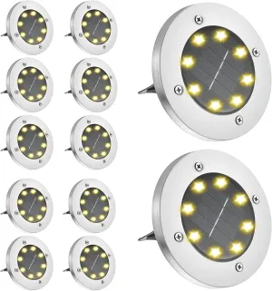 HiSolar 12 Pack Solar Ground Lights 8 LED Solar Lights Outdoor Disk Lights Waterproof In-Ground Landscape Lighting for Lawn Patio Pathway Yard Walkway Flood Light Deck
