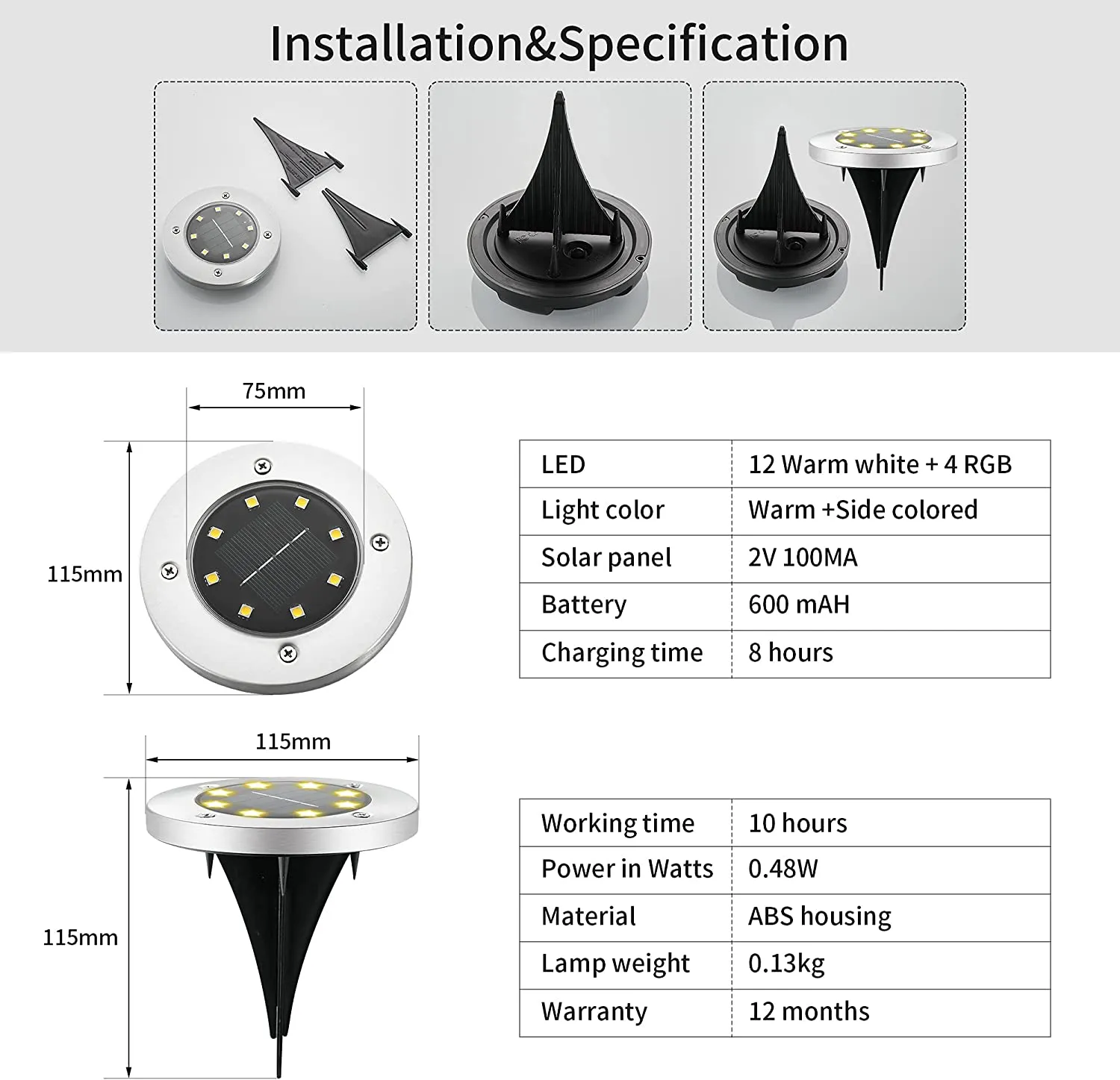 HiSolar 12 Pack Solar Ground Lights 8 LED Solar Lights Outdoor Disk Lights Waterproof In-Ground Landscape Lighting for Lawn Patio Pathway Yard Walkway Flood Light Deck