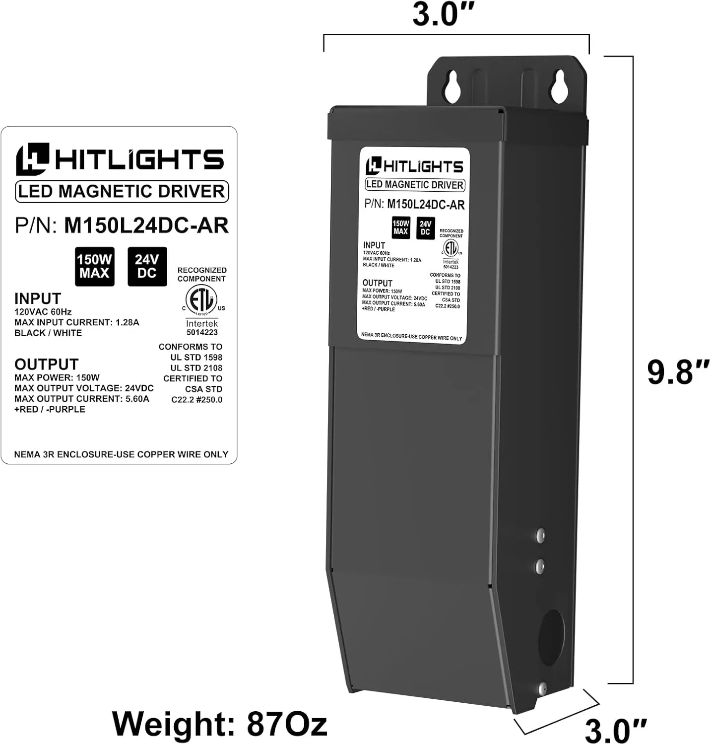 HitLights Dimmable LED Driver Transformer 24V 150W, Magnetic Power Supply 120VAC to 24VDC, Compatible with Lutron and Leviton Dimmers, for LED Strip Light, Kitchen, Cabinet, Class 2, ETL Listed