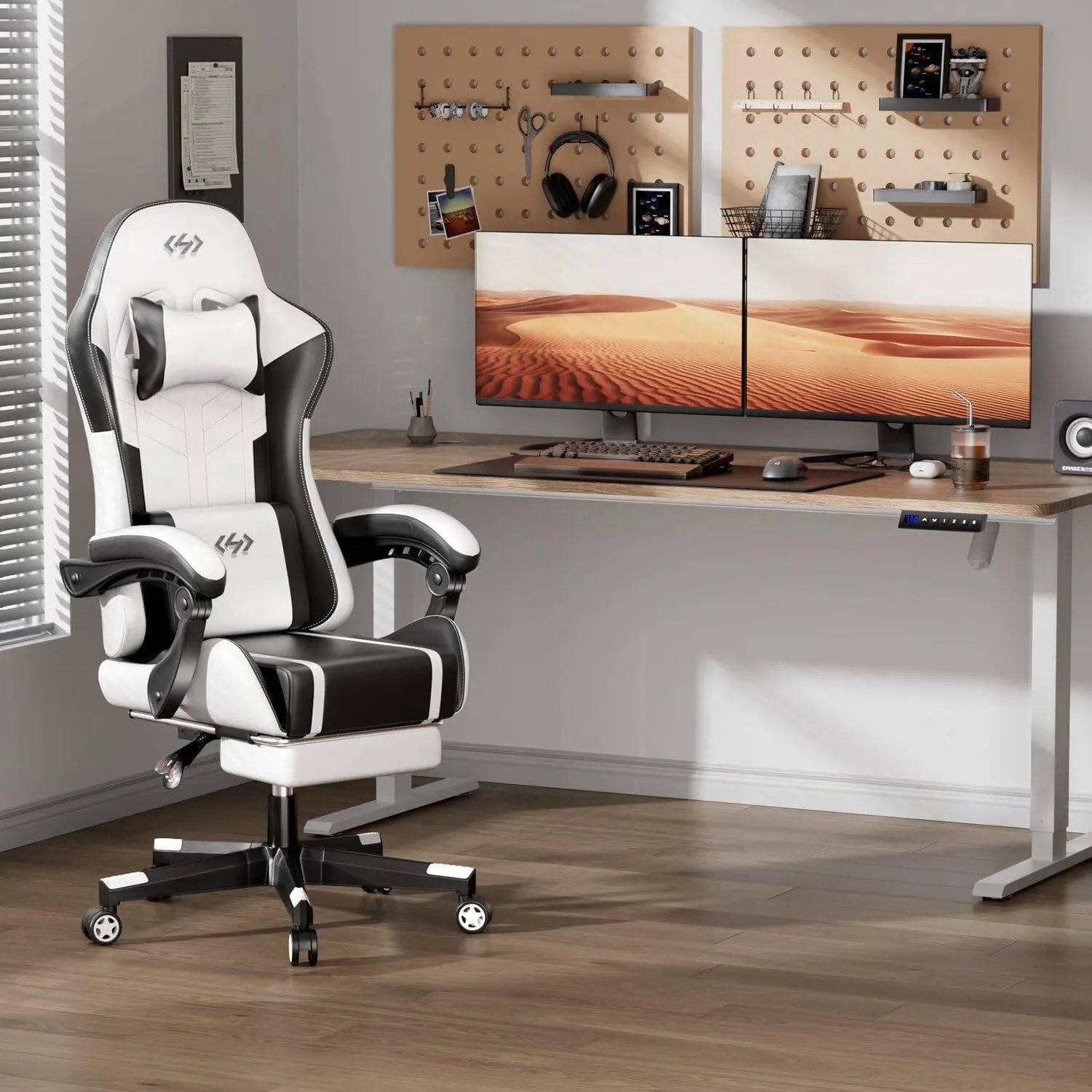 HLDIRECT Gaming Chair, Ergonomic Video Game Seat with 360° Swivel & Lumbar Massage, Computer Chair PU Leather Cushion for Adults Home/Office Use (Black & White)