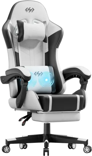 HLDIRECT Gaming Chair, Ergonomic Video Game Seat with 360° Swivel & Lumbar Massage, Computer Chair PU Leather Cushion for Adults Home/Office Use (Black & White)