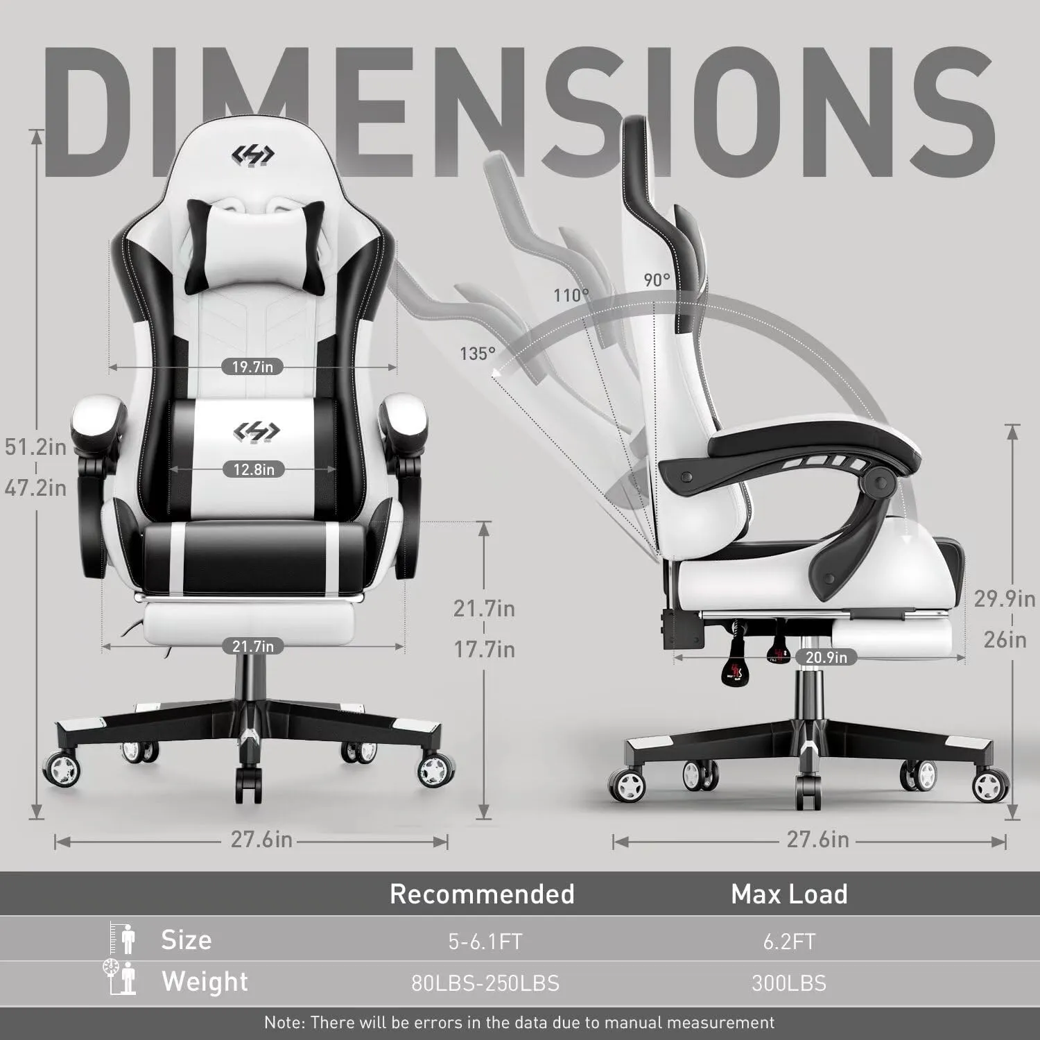 HLDIRECT Gaming Chair, Ergonomic Video Game Seat with 360° Swivel & Lumbar Massage, Computer Chair PU Leather Cushion for Adults Home/Office Use (Black & White)