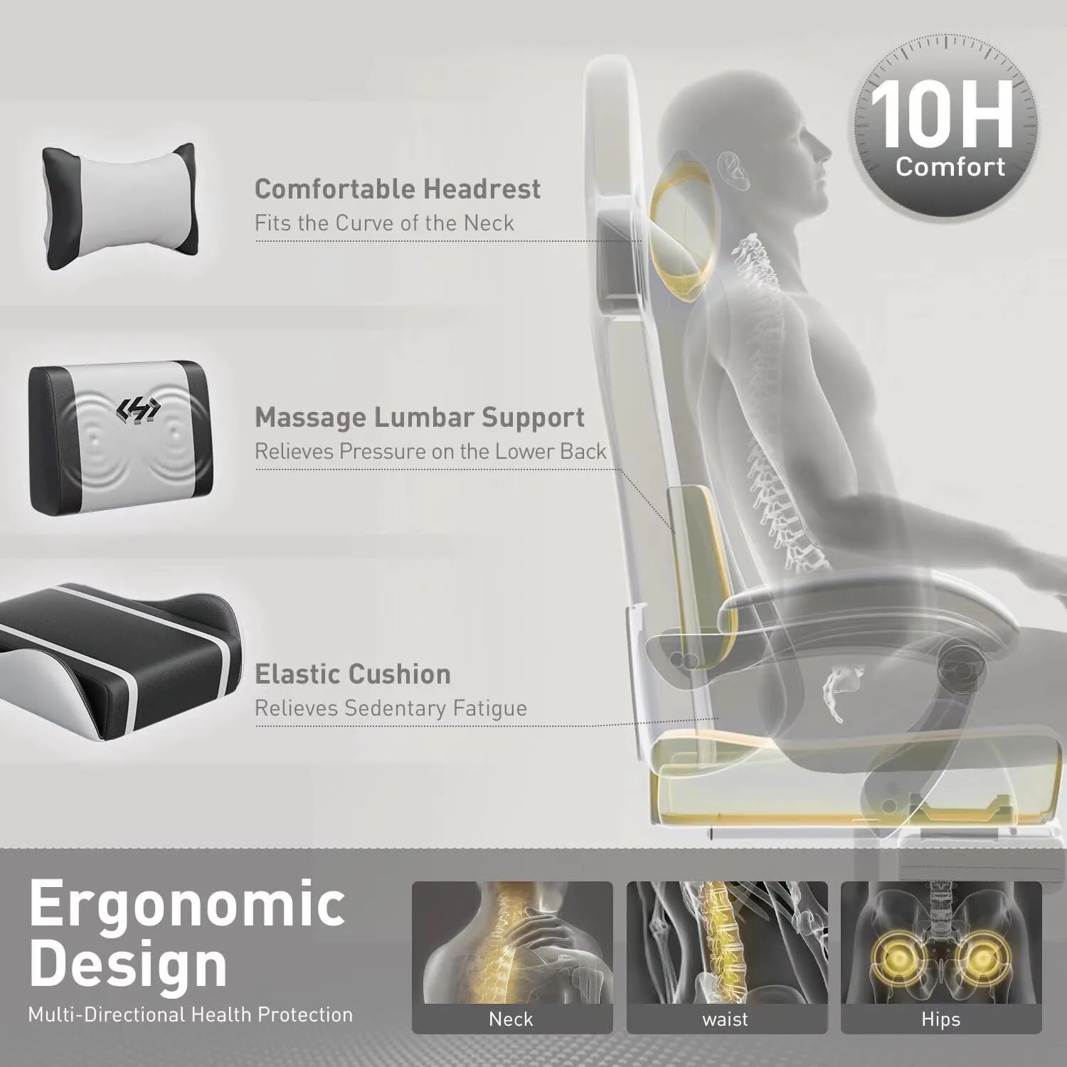 HLDIRECT Gaming Chair, Ergonomic Video Game Seat with 360° Swivel & Lumbar Massage, Computer Chair PU Leather Cushion for Adults Home/Office Use (Black & White)