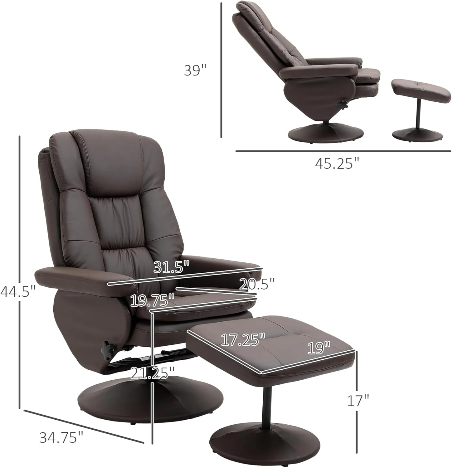 HOMCOM Swivel Recliner with Ottoman, PU Leather Reclining Chair with Ottoman, Upholstered Recliner and Footrest with Wrapped Base for Living Room, Bedroom and Home Office, Brown