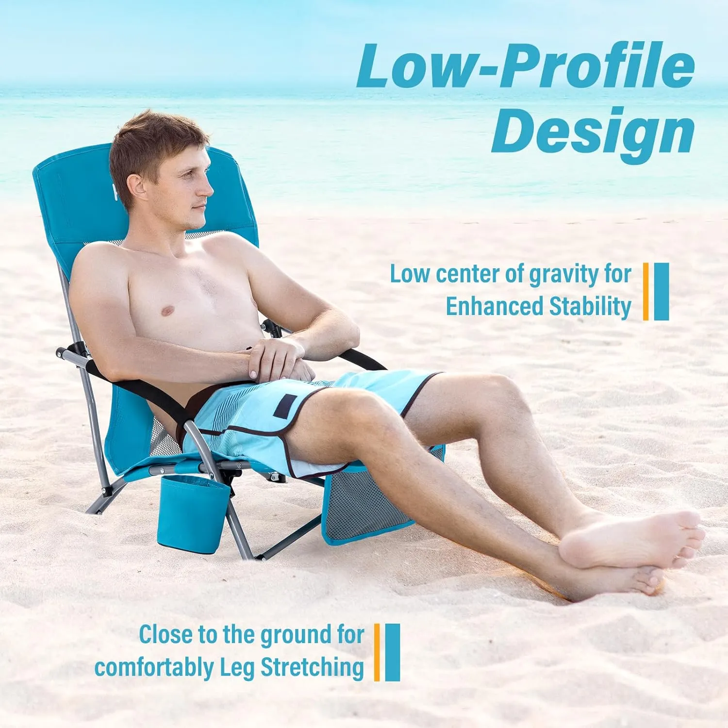 Homcosan Portable Low Folding Beach Chairs Set of 2 - Lightweight Camping Chairs for Adults with Cup Holder & Storage Pockets, Carry Bag Included (Blue)