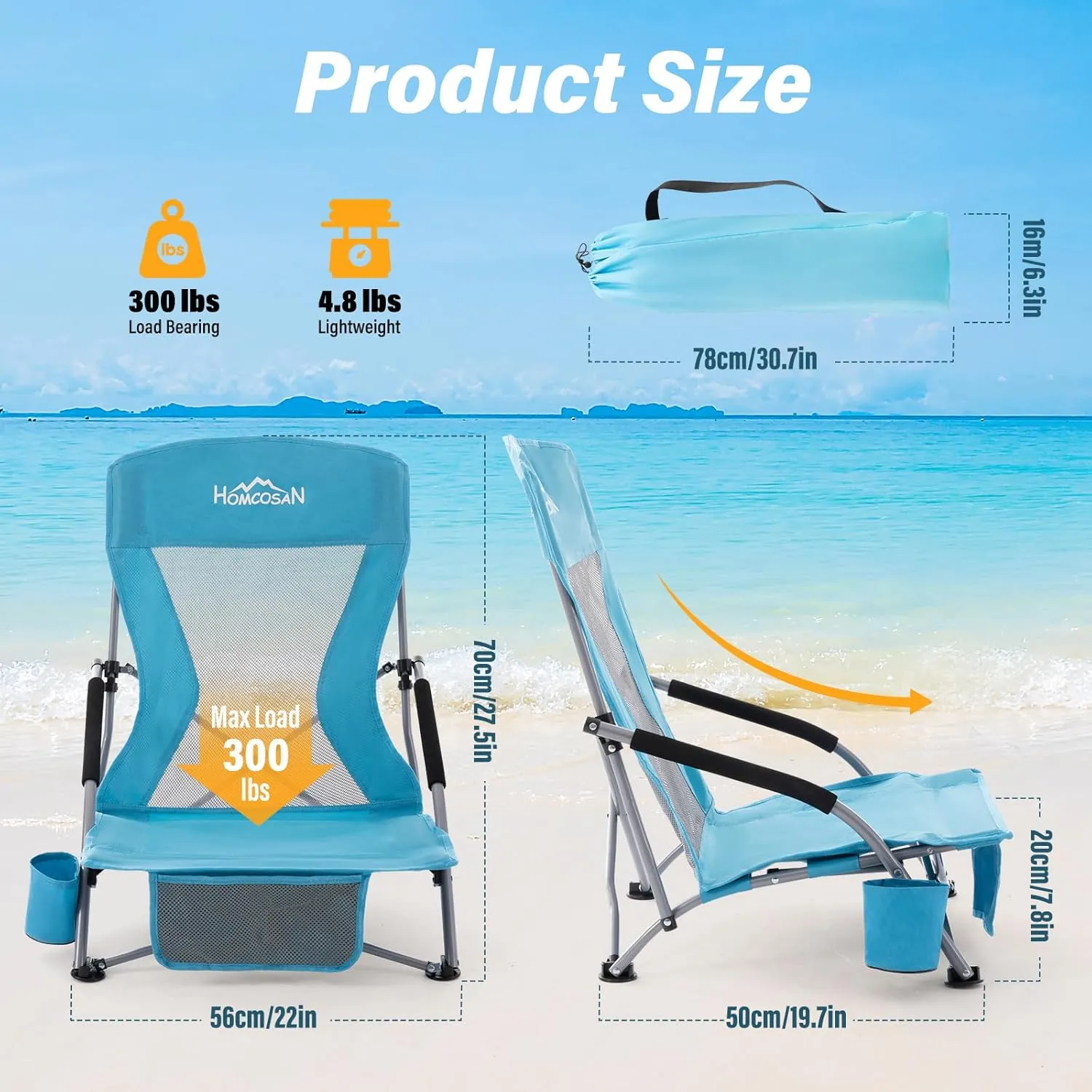 Homcosan Portable Low Folding Beach Chairs Set of 2 - Lightweight Camping Chairs for Adults with Cup Holder & Storage Pockets, Carry Bag Included (Blue)