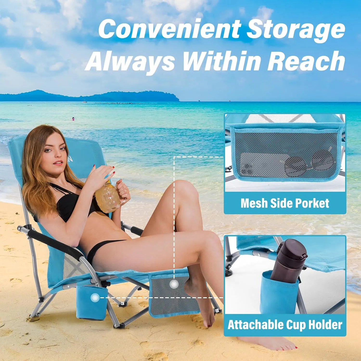 Homcosan Portable Low Folding Beach Chairs Set of 2 - Lightweight Camping Chairs for Adults with Cup Holder & Storage Pockets, Carry Bag Included (Blue)