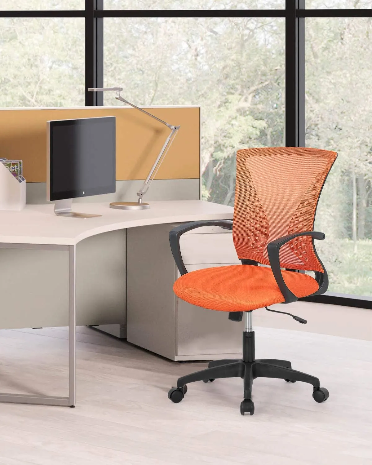 Home Office Chair Mid Back PC Swivel Lumbar Support Adjustable Desk Task Computer Ergonomic Comfortable Mesh Chair with Armrest (Orange)