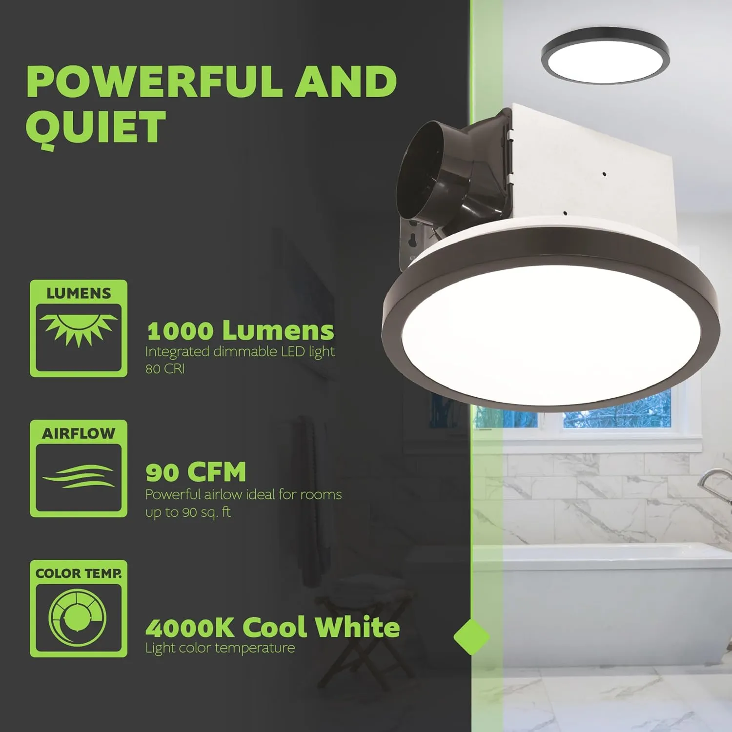Homewerks 7105-09-MB Bathroom Fan with Light 90-CFM 1.5 Sones Round Ventilation Fan with Dimmable LED Light and Magnetic Trim Ring, Matte Black