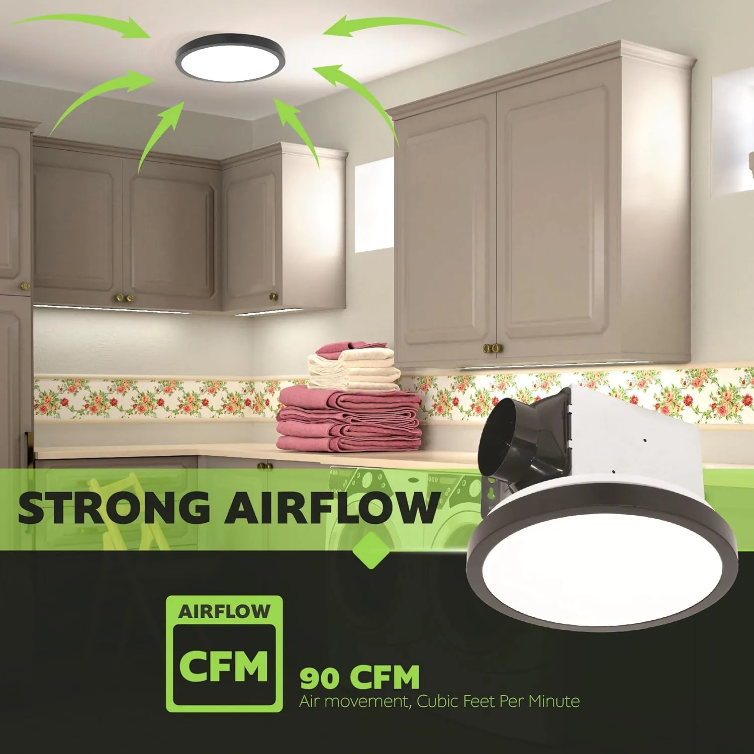 Homewerks 7105-09-MB Bathroom Fan with Light 90-CFM 1.5 Sones Round Ventilation Fan with Dimmable LED Light and Magnetic Trim Ring, Matte Black