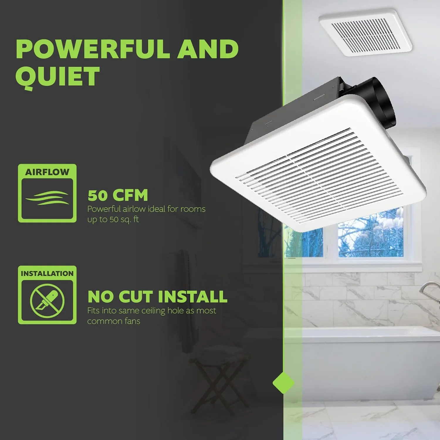 Homewerks 7114-02-HW DC Bathroom Fan 50-CFM 1.0 Sone White Ventilation Fan, Energy Star-Qualified with 3-inch Duct for 2x4 Construction