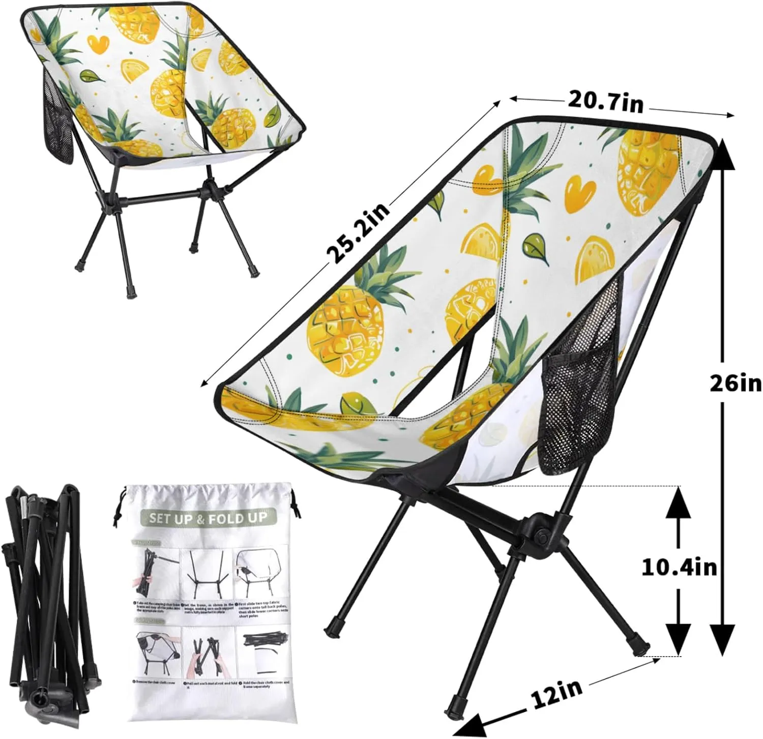 Honeybaby Folding Camping Chair Cute Pineapples Prints Camping Chairs Lightweight Portable Chair Outdoor Foldable Chairs for Camping Travel Picnic Beach Hiking