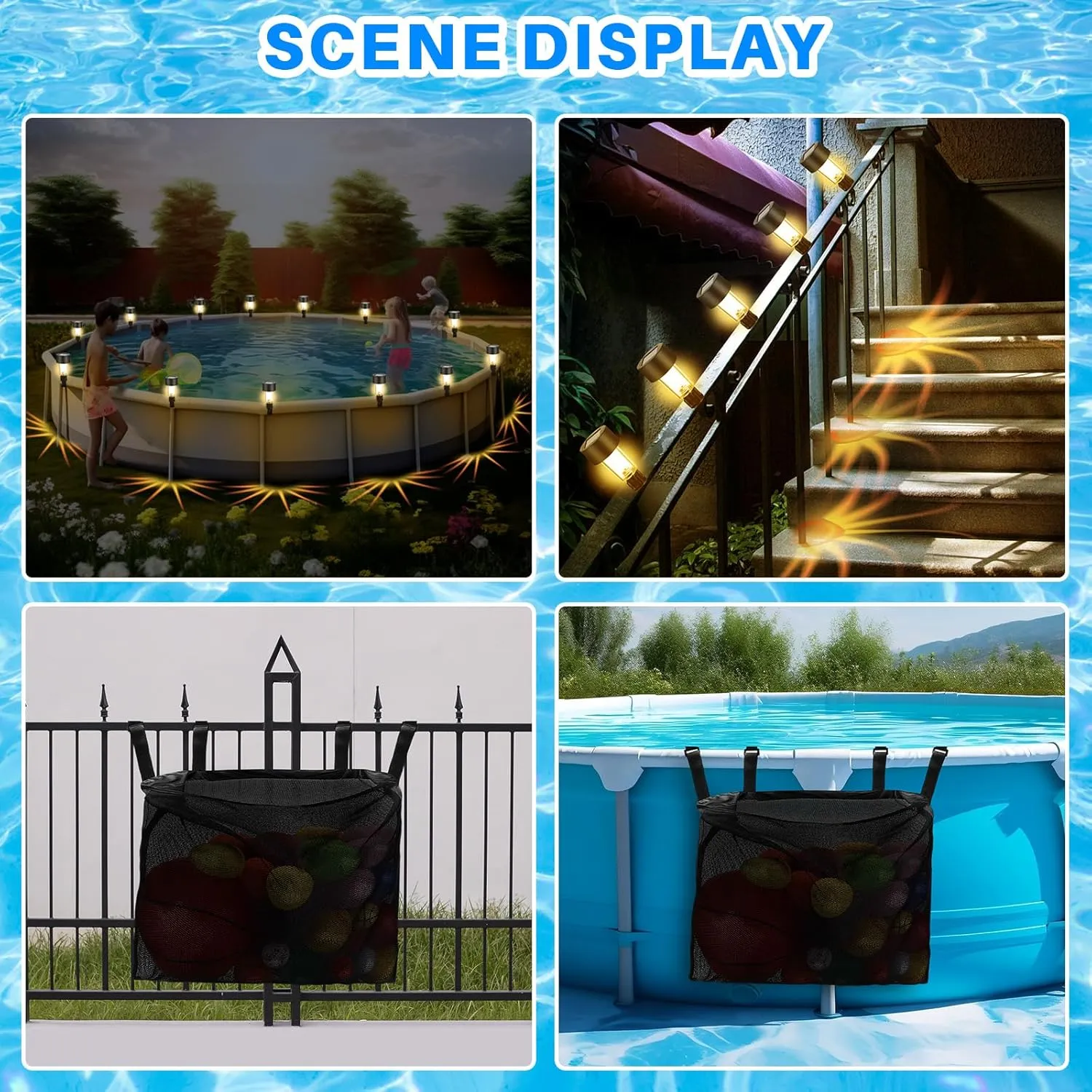 Honoson 24 Pcs Solar Pool Side Lights for Above Ground Pools with 1 Hanging Storage Bag Outdoor Swimming Pool Fence Decoration Accessories Waterproof LED Warm Light (25 Pcs, Warm Light)