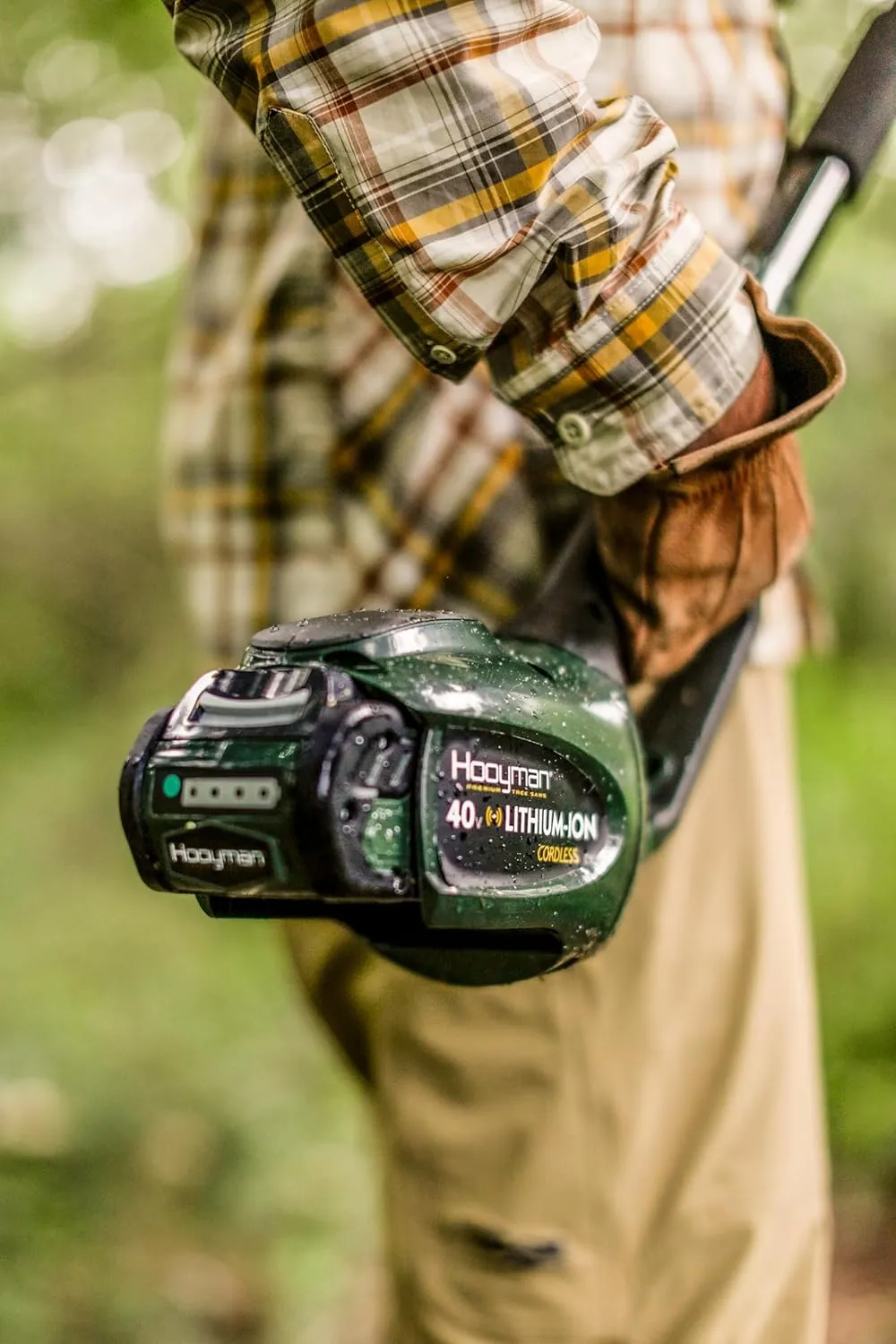 Hooyman Cordless 40 Volt Lithium Pole Saw with In-Line 8in Saw, Auto-Oiler, 40V Battery with Charge Indicator, Ergonomic Grip, and Carry Case for Cutting, Tree Trimming, Hunting, Camping, and Outdoors