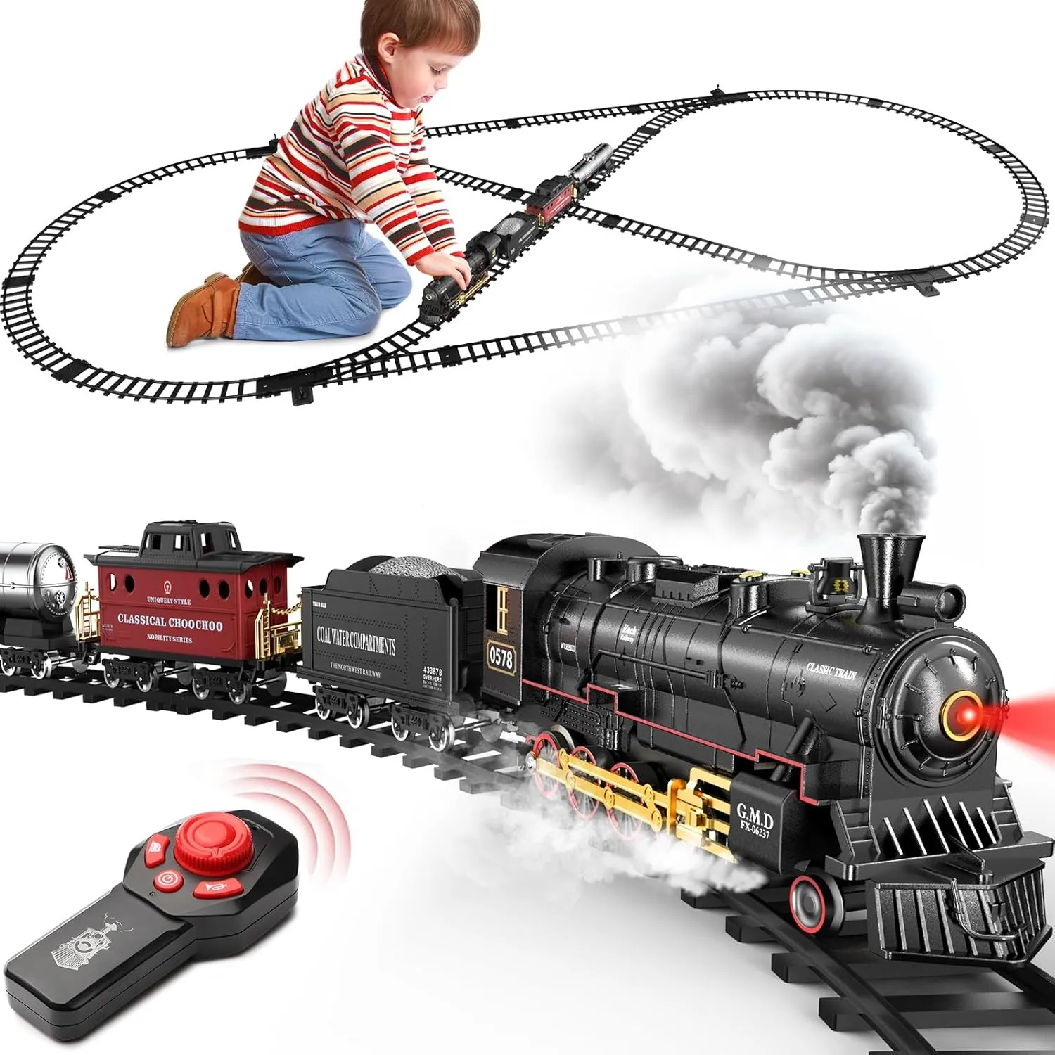 Hot Bee Train Set for Boys, Alloy Remote Control Train Toys with Steam Locomotive Cargo Cars Tracks, Trains with Realistic Smoke Sound Lights,Christmas Train Toys Gifts for 3 4 5 6 7 8  Years Old Kids