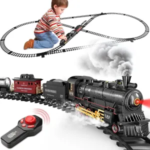 Hot Bee Train Set for Boys, Alloy Remote Control Train Toys with Steam Locomotive Cargo Cars Tracks, Trains with Realistic Smoke Sound Lights,Christmas Train Toys Gifts for 3 4 5 6 7 8  Years Old Kids