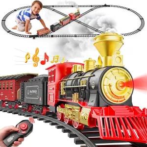 Hot Bee Train Set, Remote Control Train Toys with Luxury Tracks, Christmas Train Sets for Around the Tree,Toy Train with Smokes, Lights & Sound,Model Train Set for 3 4 5 6 7  Years Old Boys Gifts Kids