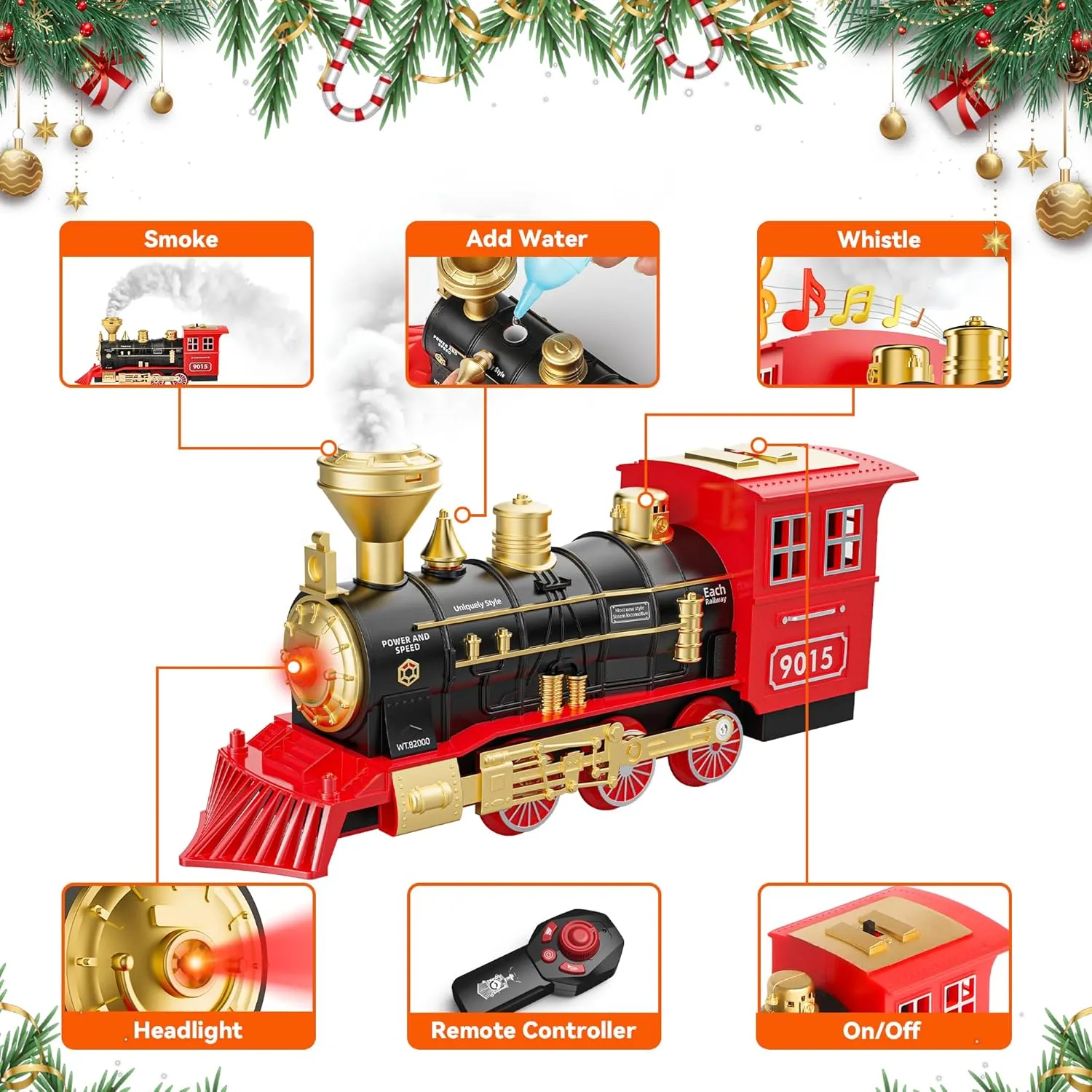 Hot Bee Train Set, Remote Control Train Toys with Luxury Tracks, Christmas Train Sets for Around the Tree,Toy Train with Smokes, Lights & Sound,Model Train Set for 3 4 5 6 7  Years Old Boys Gifts Kids