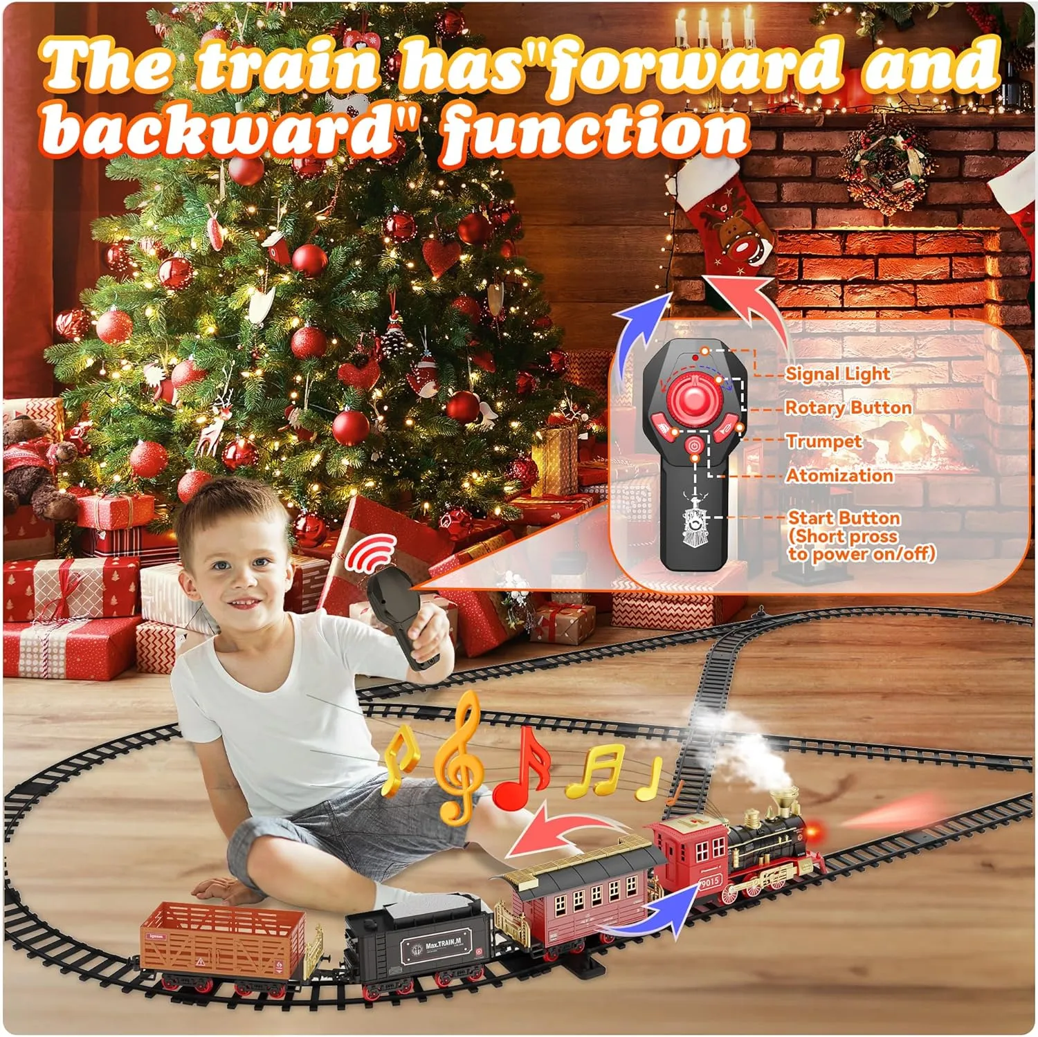 Hot Bee Train Set, Remote Control Train Toys with Luxury Tracks, Christmas Train Sets for Around the Tree,Toy Train with Smokes, Lights & Sound,Model Train Set for 3 4 5 6 7  Years Old Boys Gifts Kids