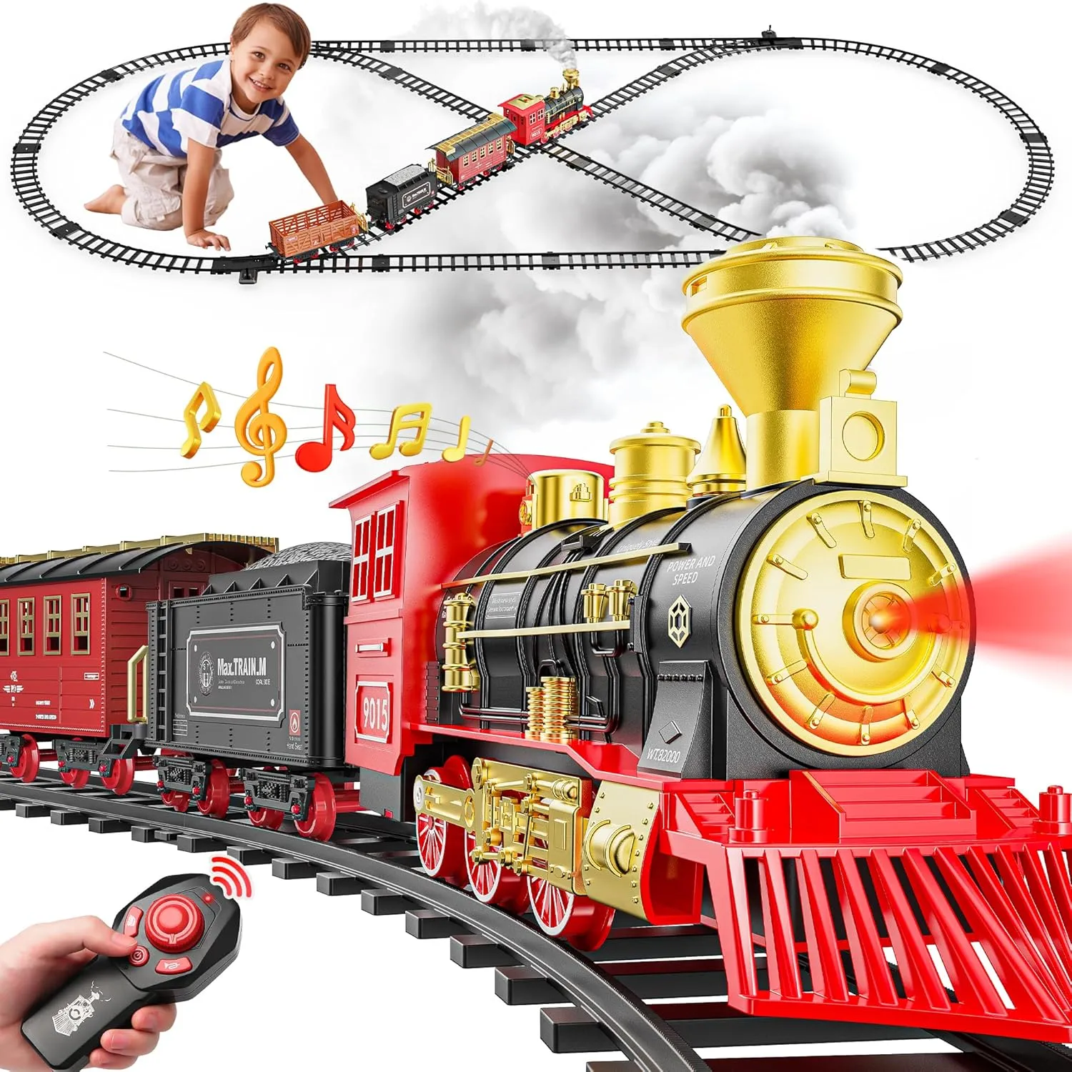 Hot Bee Train Set, Remote Control Train Toys with Luxury Tracks, Christmas Train Sets for Around the Tree,Toy Train with Smokes, Lights & Sound,Model Train Set for 3 4 5 6 7  Years Old Boys Gifts Kids
