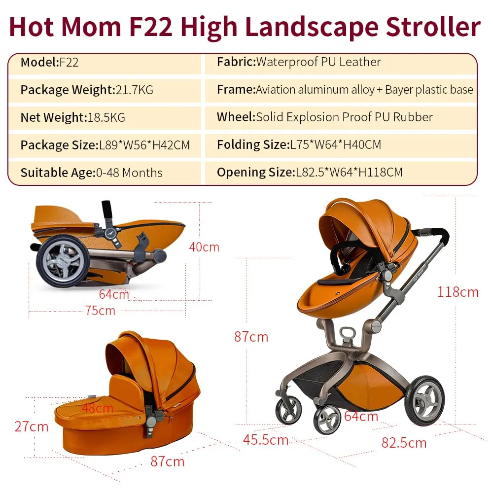 Hot Mom Baby Stroller: Baby Carriage with Adjustable Seat Height Angle and Four-Wheel Shock Absorption,Reversible，High Landscape and Fashional Pram Brown