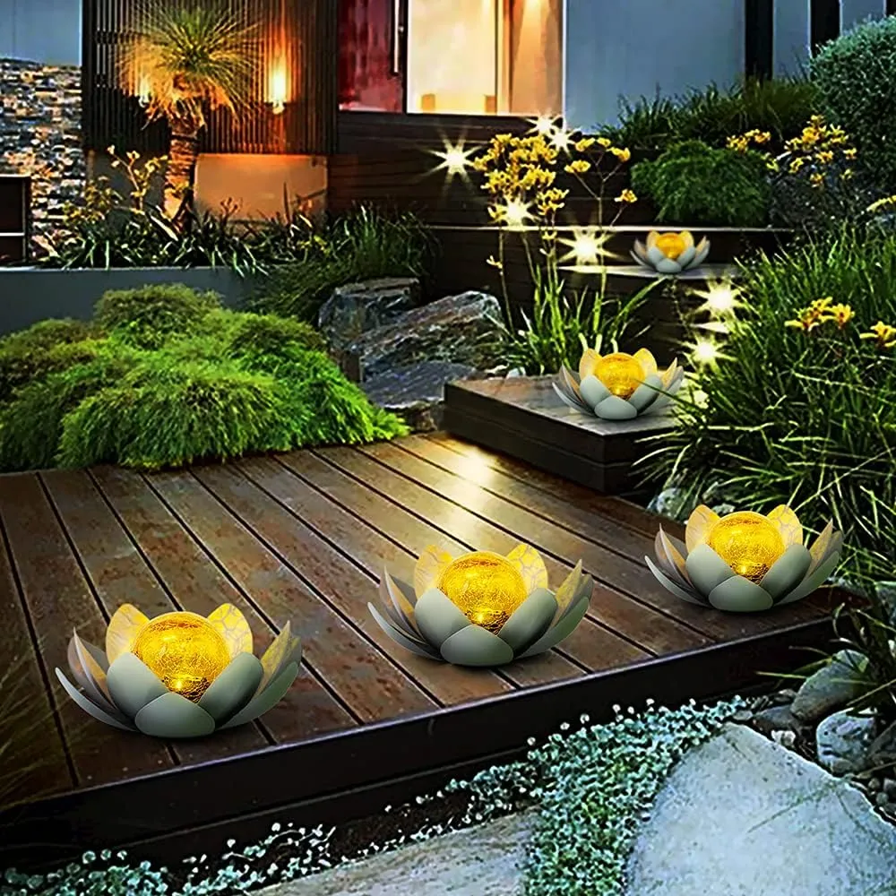 Huaxu Solar Lights Outdoor Garden Decor , Amber Crackle Globe Glass Lotus Decoration,Waterproof Gray Metal Flower Light for Patio,Lawn,Walkway,Tabletop,Ground