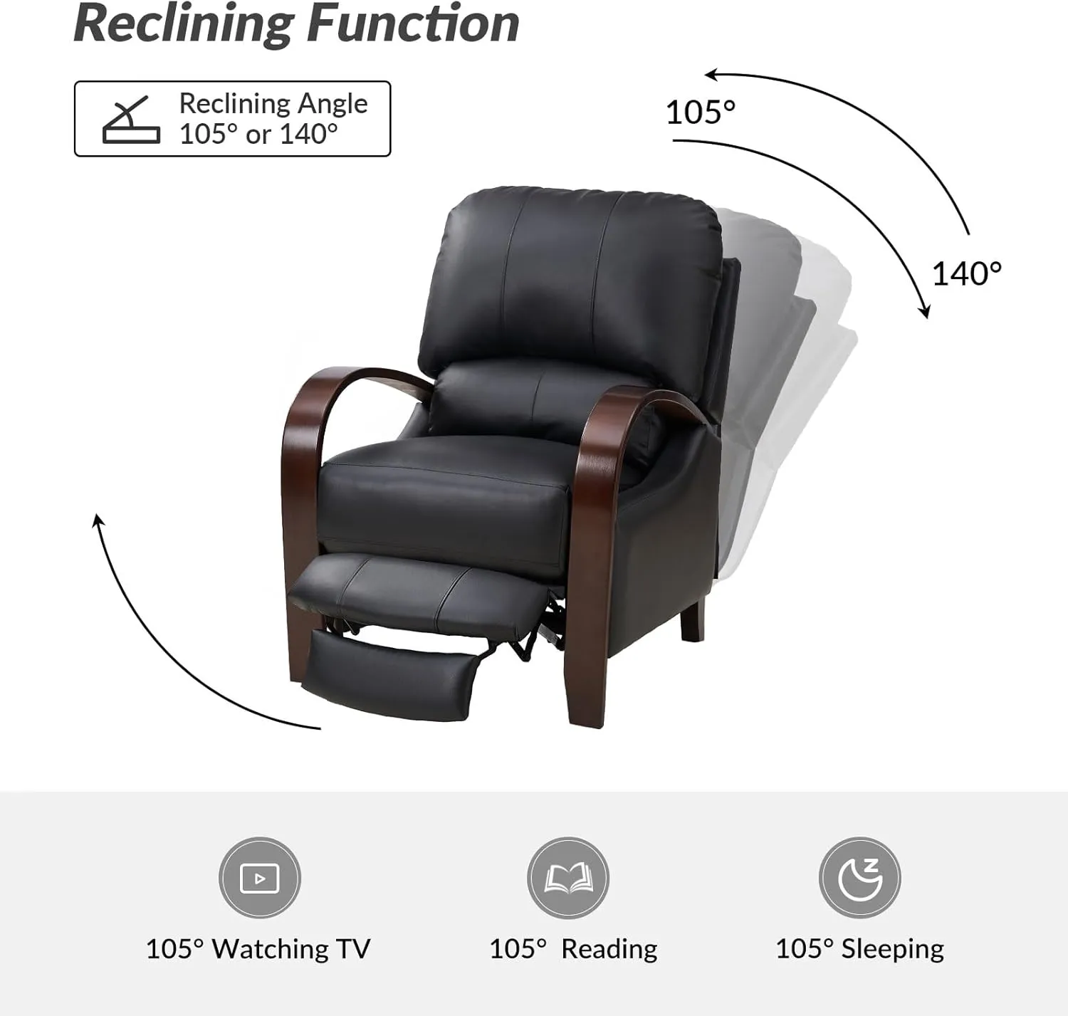 HULALA HOME Genuine Leather Manual Recliners Set of 2 with Wood Feet & Armrest, Mid-Century Modern Push Back Reclining Chairs for Living Room Bedroom, Black