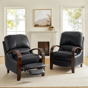 HULALA HOME Genuine Leather Manual Recliners Set of 2 with Wood Feet & Armrest, Mid-Century Modern Push Back Reclining Chairs for Living Room Bedroom, Black