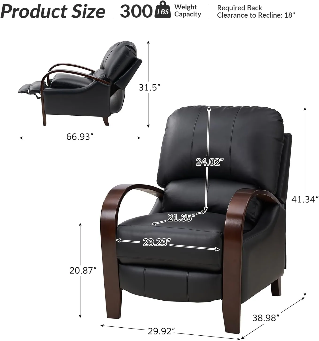 HULALA HOME Genuine Leather Manual Recliners Set of 2 with Wood Feet & Armrest, Mid-Century Modern Push Back Reclining Chairs for Living Room Bedroom, Black