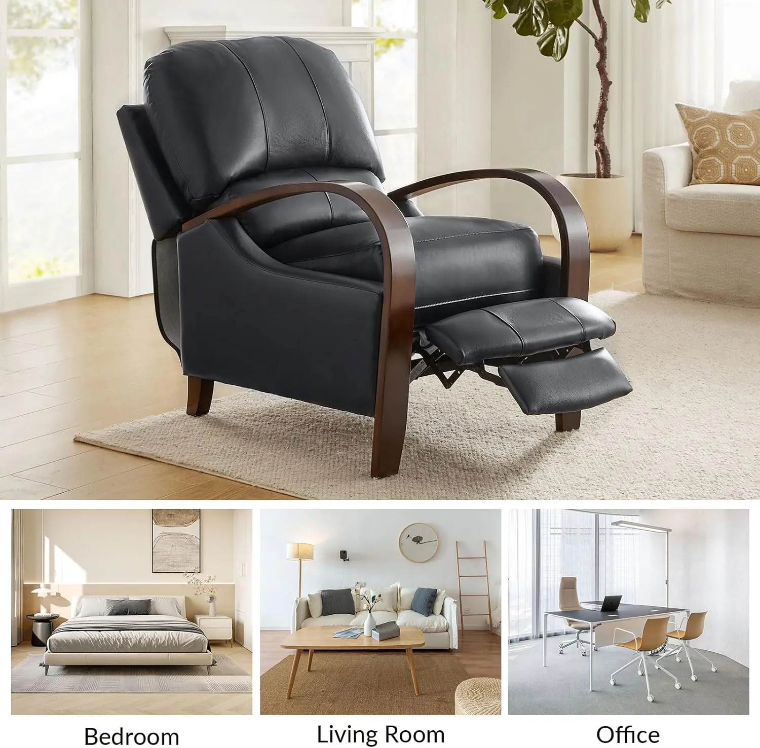 HULALA HOME Genuine Leather Manual Recliners Set of 2 with Wood Feet & Armrest, Mid-Century Modern Push Back Reclining Chairs for Living Room Bedroom, Black