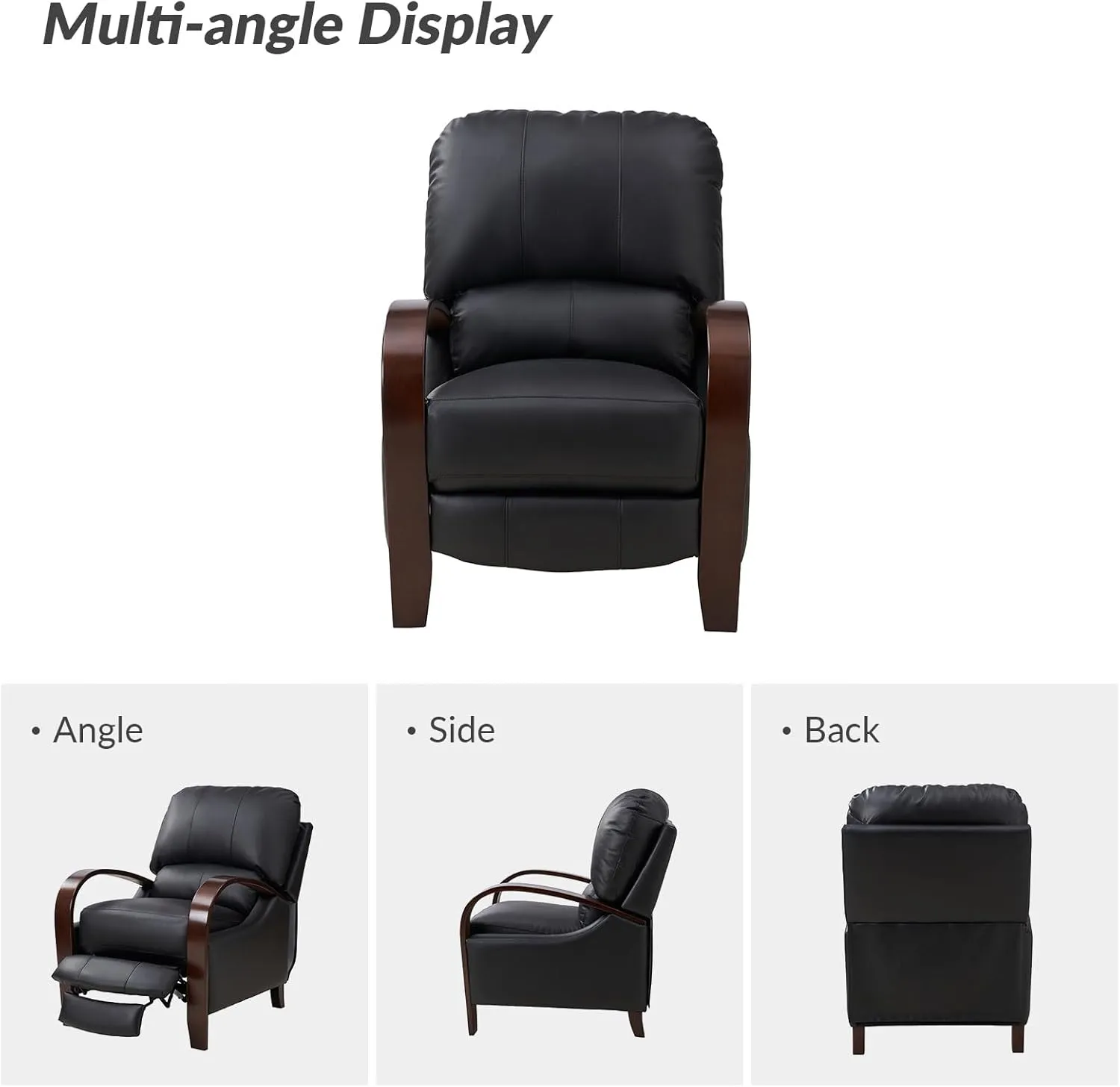 HULALA HOME Genuine Leather Manual Recliners Set of 2 with Wood Feet & Armrest, Mid-Century Modern Push Back Reclining Chairs for Living Room Bedroom, Black