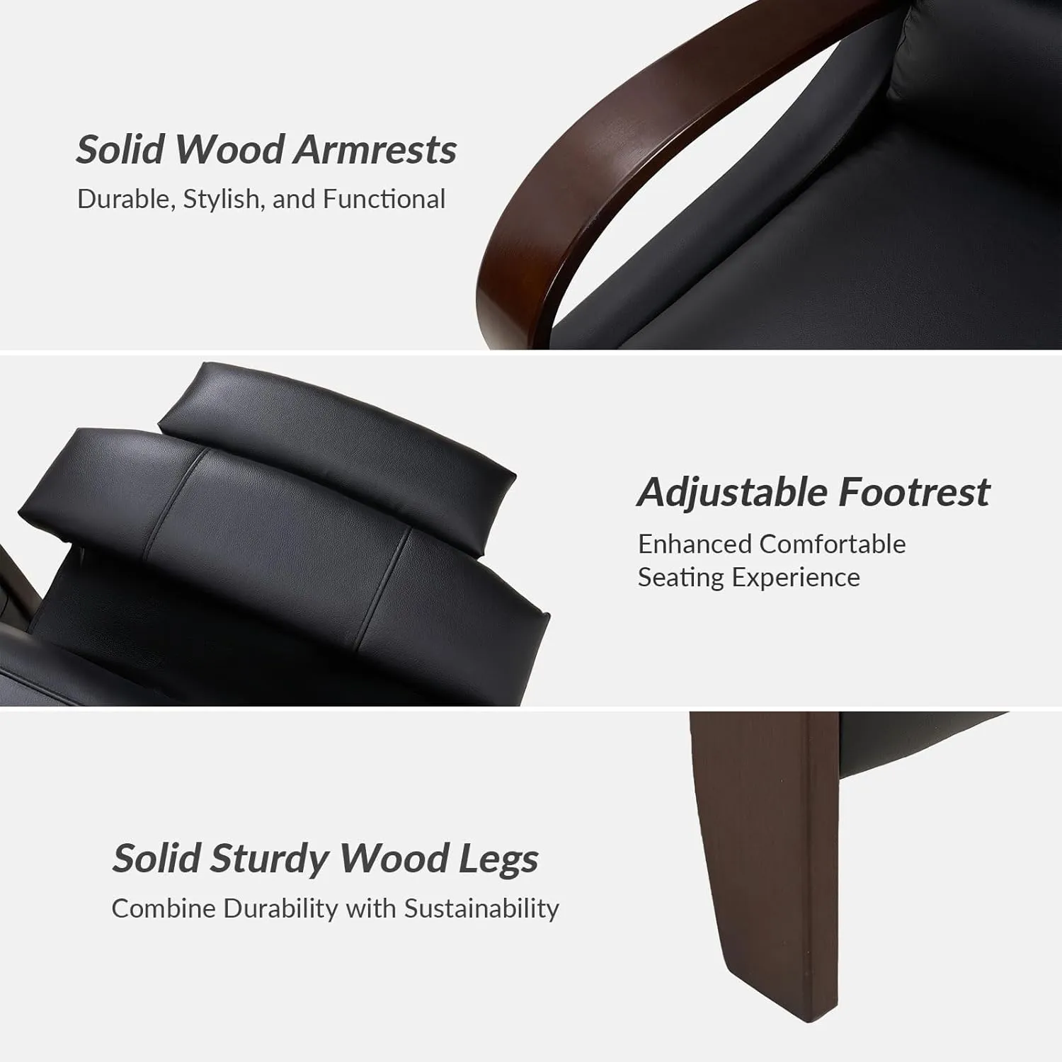 HULALA HOME Genuine Leather Manual Recliners Set of 2 with Wood Feet & Armrest, Mid-Century Modern Push Back Reclining Chairs for Living Room Bedroom, Black