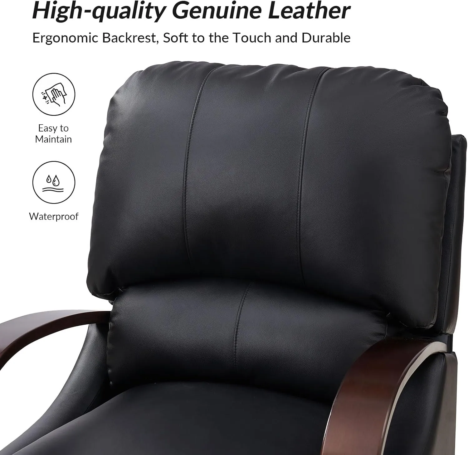 HULALA HOME Genuine Leather Manual Recliners Set of 2 with Wood Feet & Armrest, Mid-Century Modern Push Back Reclining Chairs for Living Room Bedroom, Black