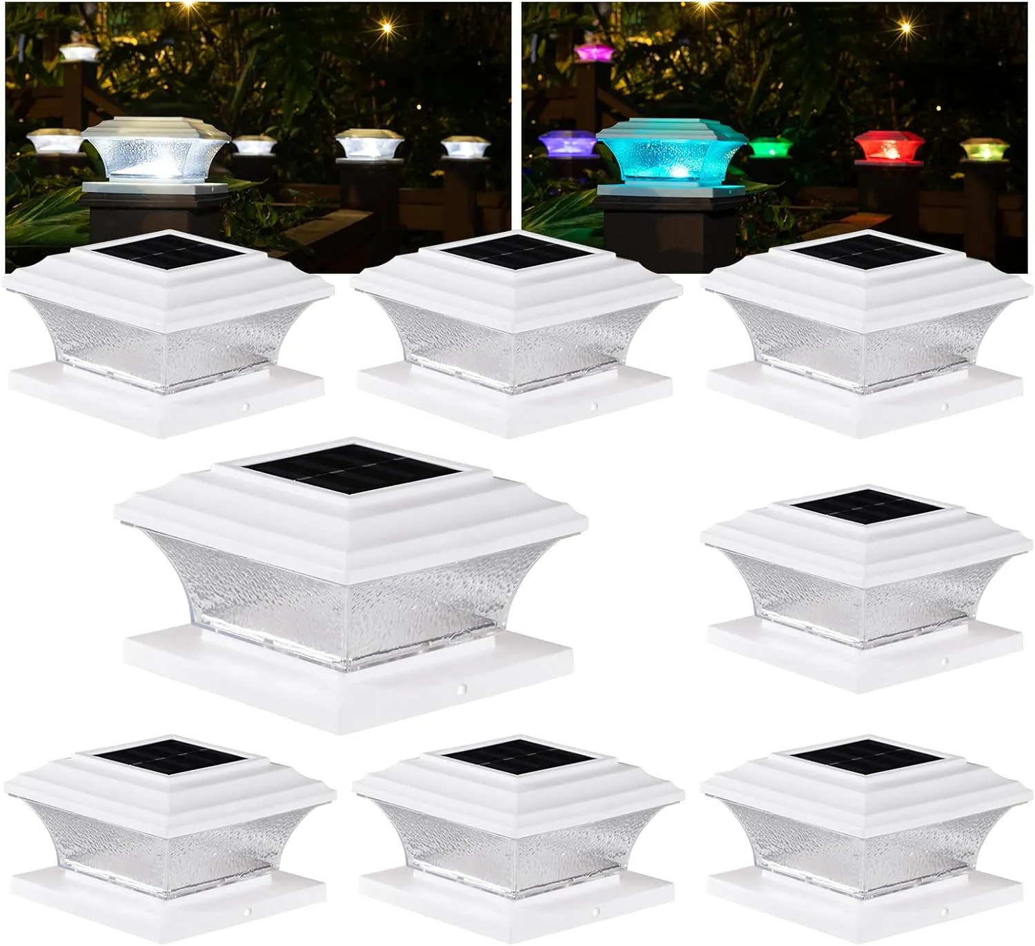 HUYIENO Solar Post Cap Lights Outdoor LED Lighting Deck Fence Cap Light 9 Light Modes Bright White/7 Color Fixed Modes/7 Color Cycling Mode Suitable for 4x4 5x5 Wooden Posts 4x4 5x5 Vinyl Posts