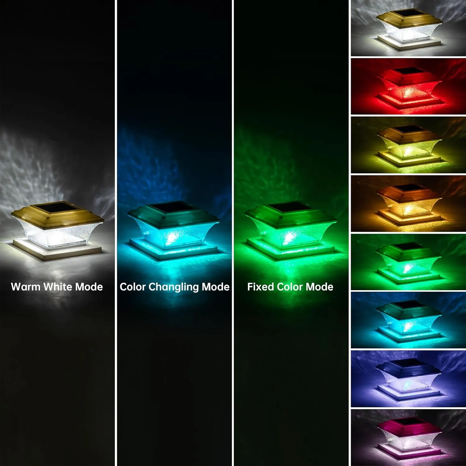 HUYIENO Solar Post Cap Lights Outdoor LED Lighting Deck Fence Cap Light 9 Light Modes Bright White/7 Color Fixed Modes/7 Color Cycling Mode Suitable for 4x4 5x5 Wooden Posts 4x4 5x5 Vinyl Posts