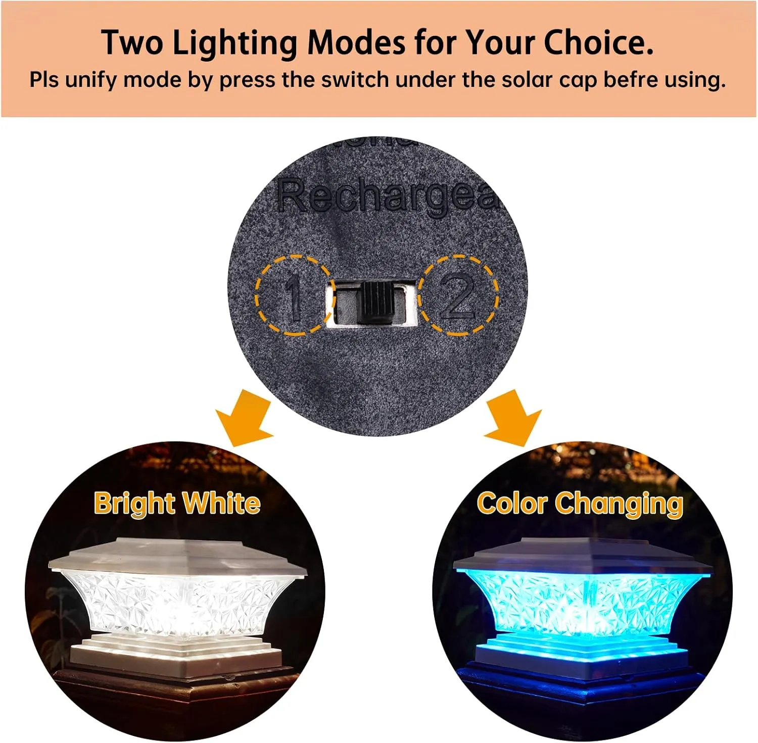 HUYIENO Solar Post Cap Lights Outdoor LED Lighting Deck Fence Cap Light Two Light Modes Bright White/Color Cyclin Suitable for 4x4 Vinyl Posts (White, 6pk)