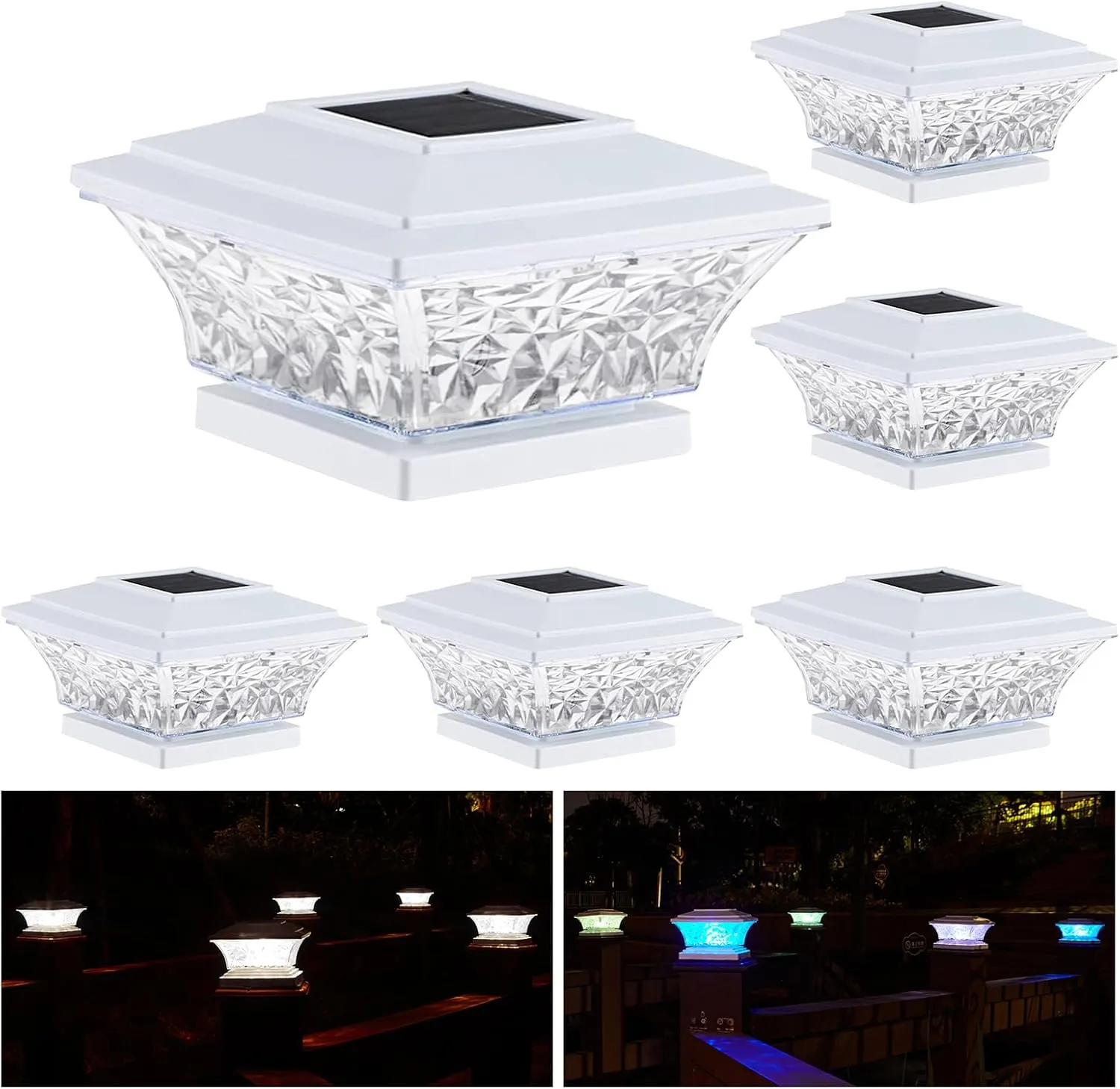 HUYIENO Solar Post Cap Lights Outdoor LED Lighting Deck Fence Cap Light Two Light Modes Bright White/Color Cyclin Suitable for 4x4 Vinyl Posts (White, 6pk)