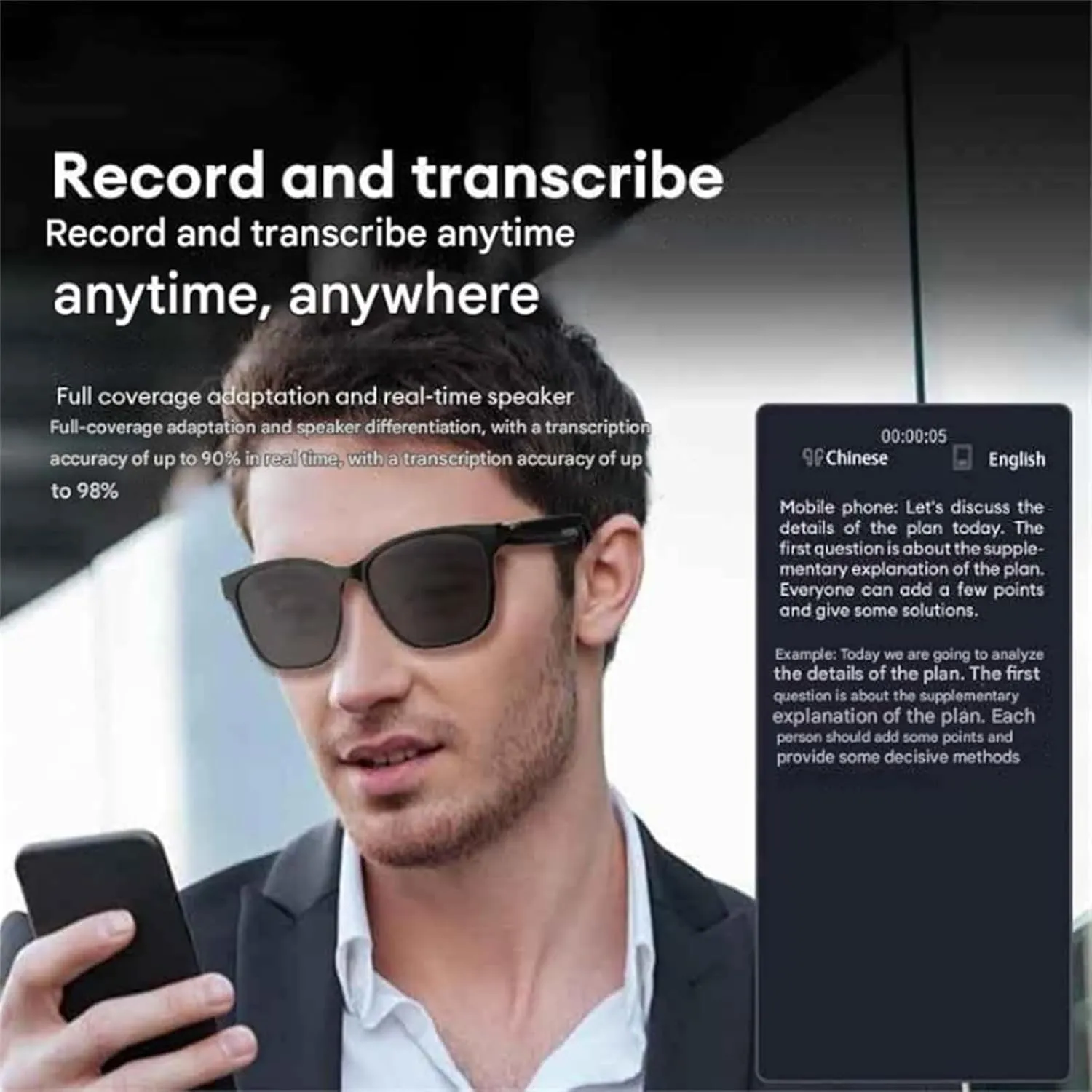 Hy-C8 Ai Wireless Bluetooth Translation Glasses, Smart Glasses Wireless Bluetooth Ai Translator, Multifunctional Ai Smart Glasses, Real-Time Translation Glasses (White)