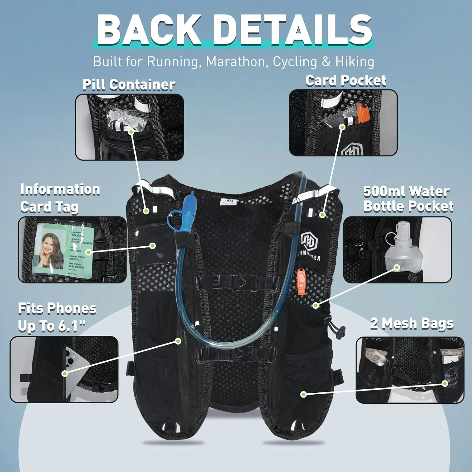 Hydration Vest Backpack with 1.5L Water Bladder - Adjustable Breathable Running Pack for Hiking Trail Lightweight Running Cycling Marathon, Daypack for Women & Men