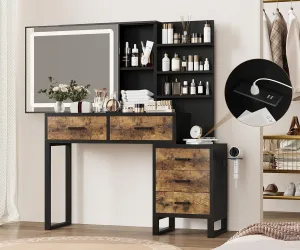 IDEALHOUSE Makeup Vanity Mirror with Lights, Vanity Table and Chair Set with 5 Drawers and Charging Station, Dresser LED Sliding Mirror with 3 Color Modes Adjustable for Bedroom, Retro Black