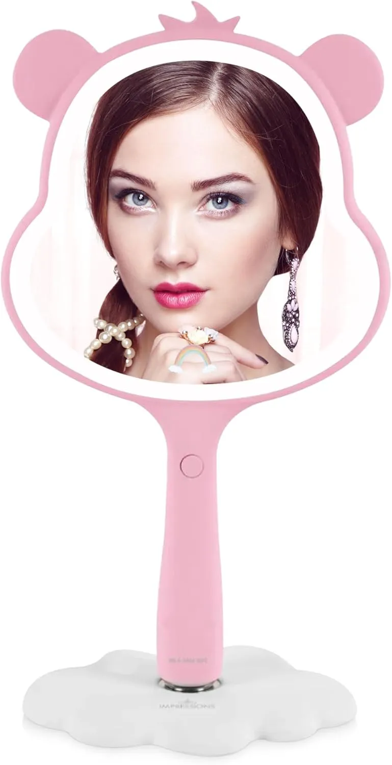 Impressions Vanity Care Bears Cheer LED Handheld Makeup Mirror for Desk, Lighted Travel Makeup Mirror with Detachable Standing Base, Ultra Bright Adjustable Lighting and Figural Shaped (Pink)
