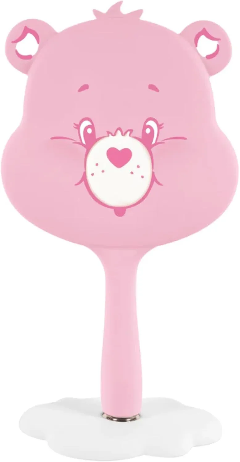 Impressions Vanity Care Bears Cheer LED Handheld Makeup Mirror for Desk, Lighted Travel Makeup Mirror with Detachable Standing Base, Ultra Bright Adjustable Lighting and Figural Shaped (Pink)