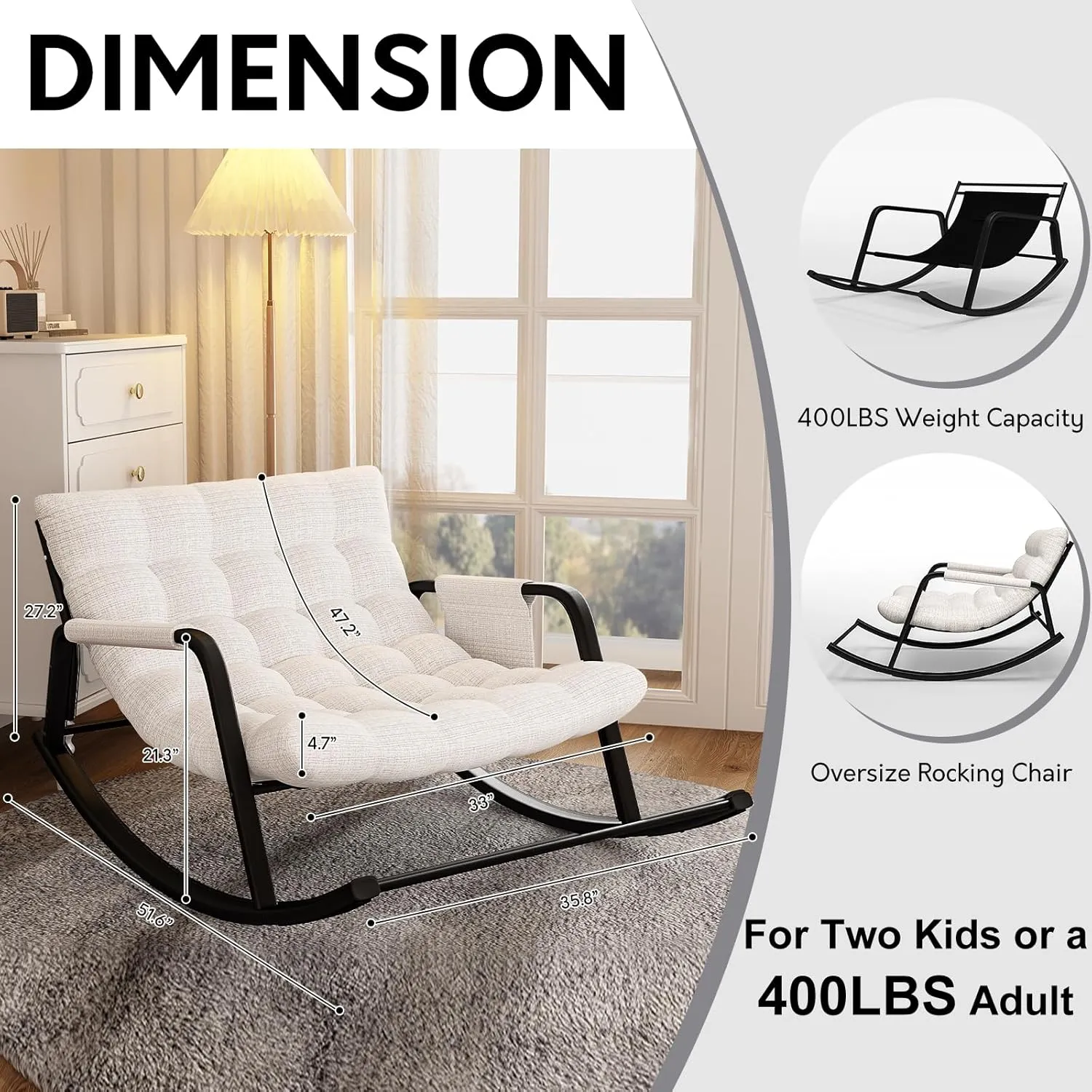 Indoor Outdoor Patio Rocking Chairs, Papasan Rocking Chairs, Double Papasan Chair with Cushion, Oversized Modern Rocker Chairs for Living Room, Bedroom, Porch, Garden Beige