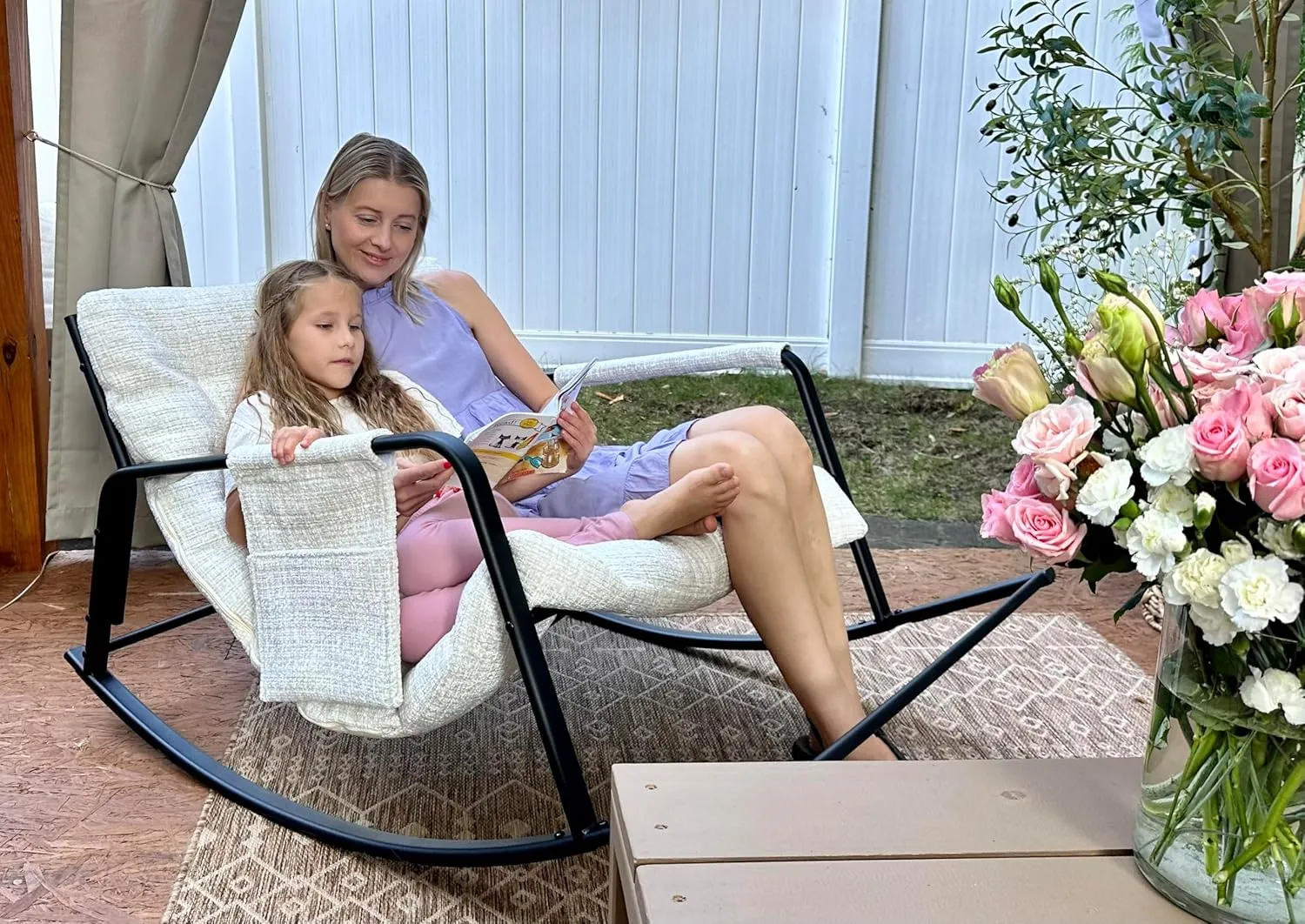 Indoor Outdoor Patio Rocking Chairs, Papasan Rocking Chairs, Double Papasan Chair with Cushion, Oversized Modern Rocker Chairs for Living Room, Bedroom, Porch, Garden Beige