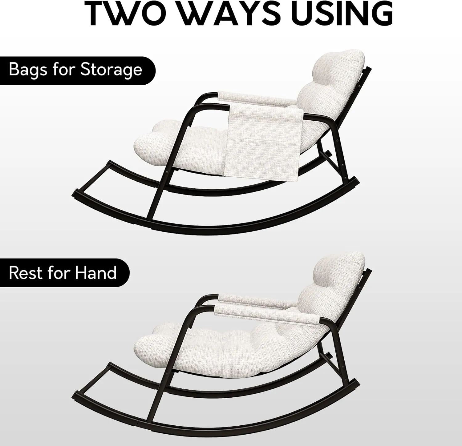 Indoor Outdoor Patio Rocking Chairs, Papasan Rocking Chairs, Double Papasan Chair with Cushion, Oversized Modern Rocker Chairs for Living Room, Bedroom, Porch, Garden Beige